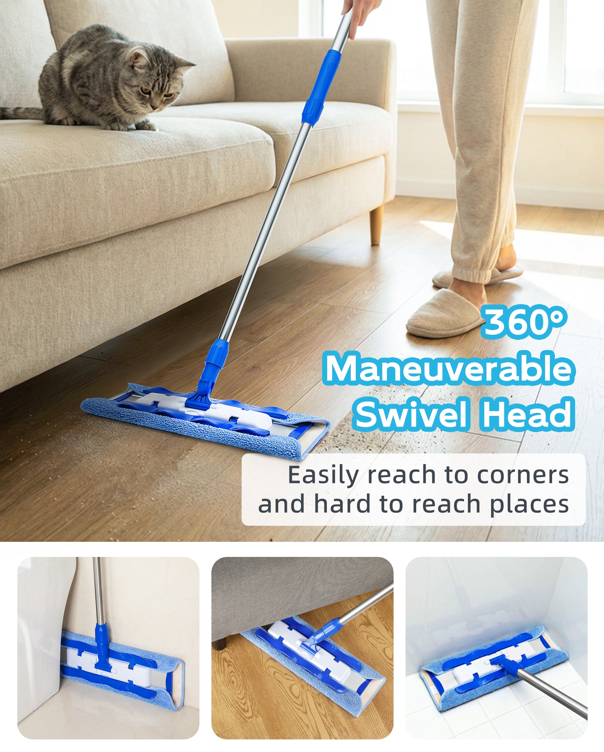 MR.SIGA Professional Microfiber Mop for Hardwood, Laminate, Tile Floor Cleaning, Stainless Steel Telescopic Handle - 3 Reusable Flat Mop Refills and 1 Dirt Removal Scrubber Included