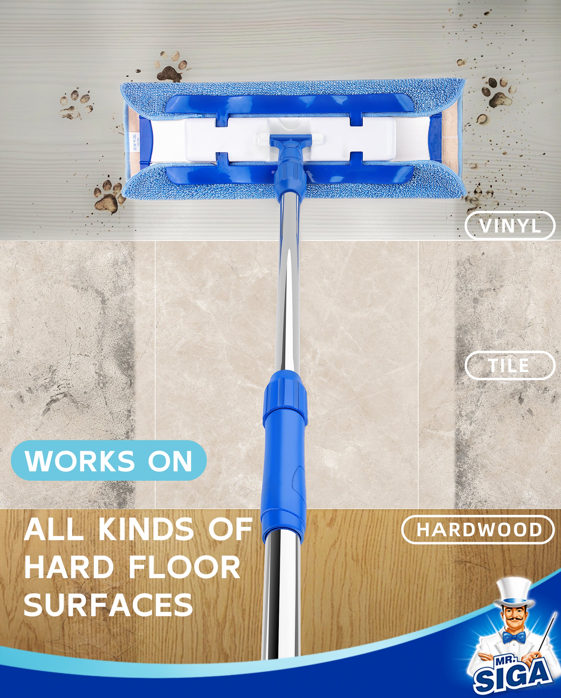 MR.SIGA Professional Microfiber Mop for Hardwood, Laminate, Tile Floor Cleaning, Stainless Steel Telescopic Handle - 3 Reusable Flat Mop Refills and 1 Dirt Removal Scrubber Included