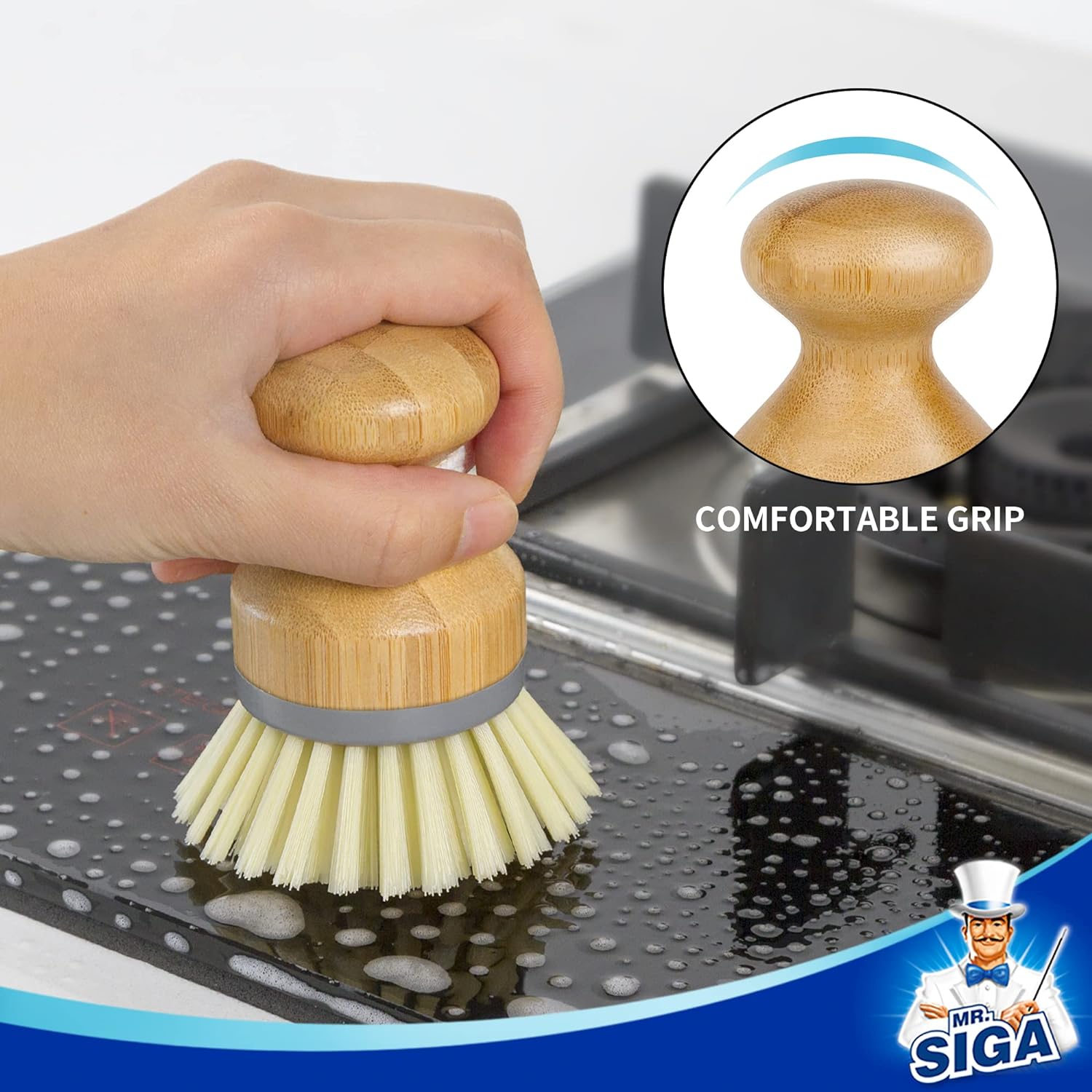 MR.SIGA Dish Soap Dispenser & Holder, Bamboo Dish Brush with Soap Dispenser Set, Includes 4 Replaceable Sponges, Dish Brush Holder in Black