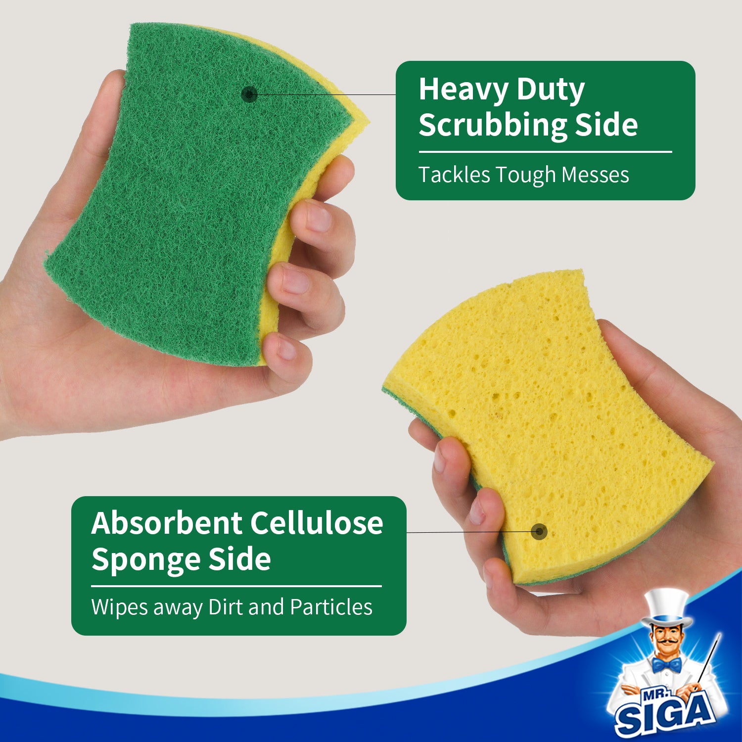 MR.Siga Cellulose Scrub Sponge Strong Absorbent, Dual-Sided Dishwashing Sponge for Kitchen, 9 Pack