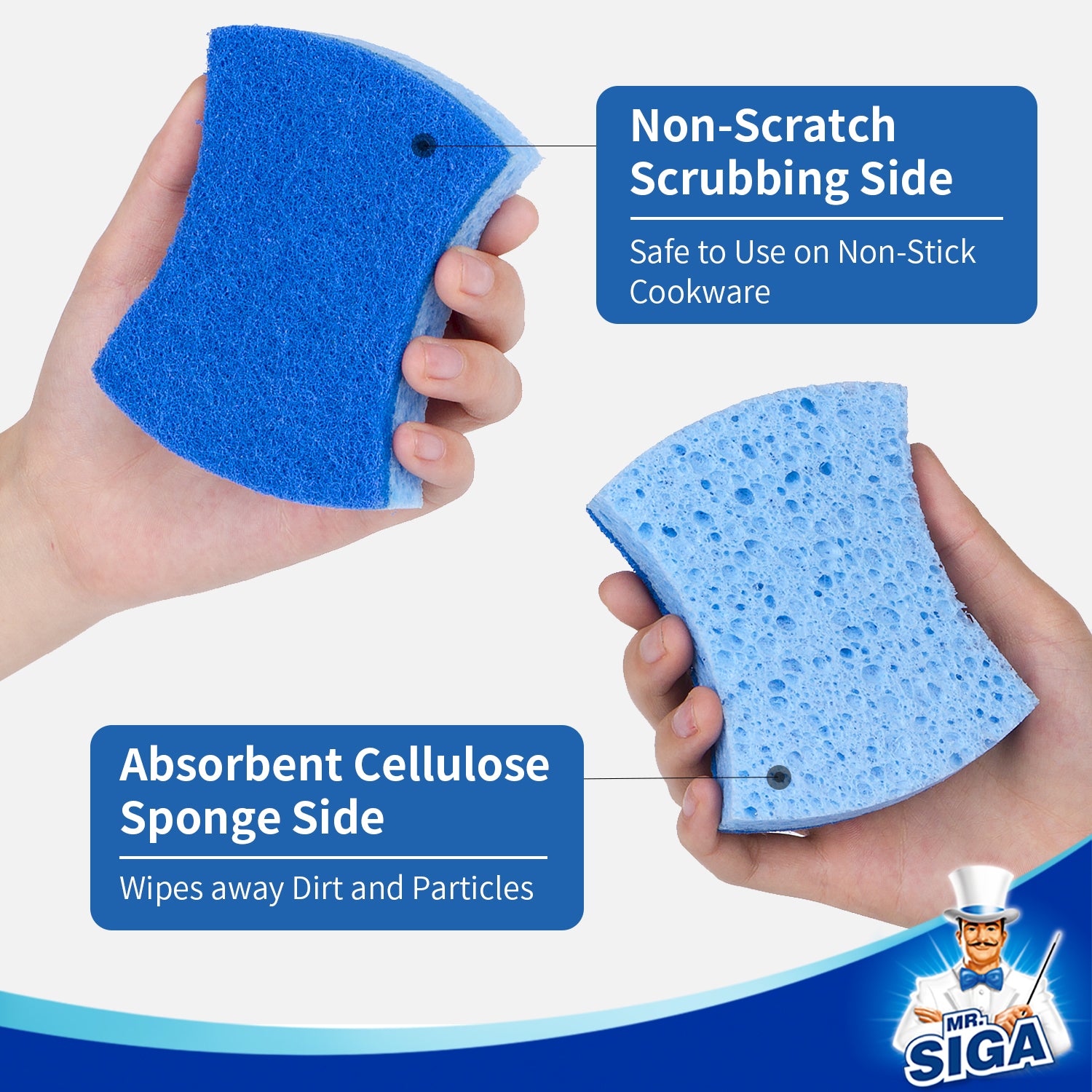 MR.Siga Non-Scratch Cellulose Scrub Sponge, Dual-Sided Dishwashing Sponge for Kitchen, 9 Pack