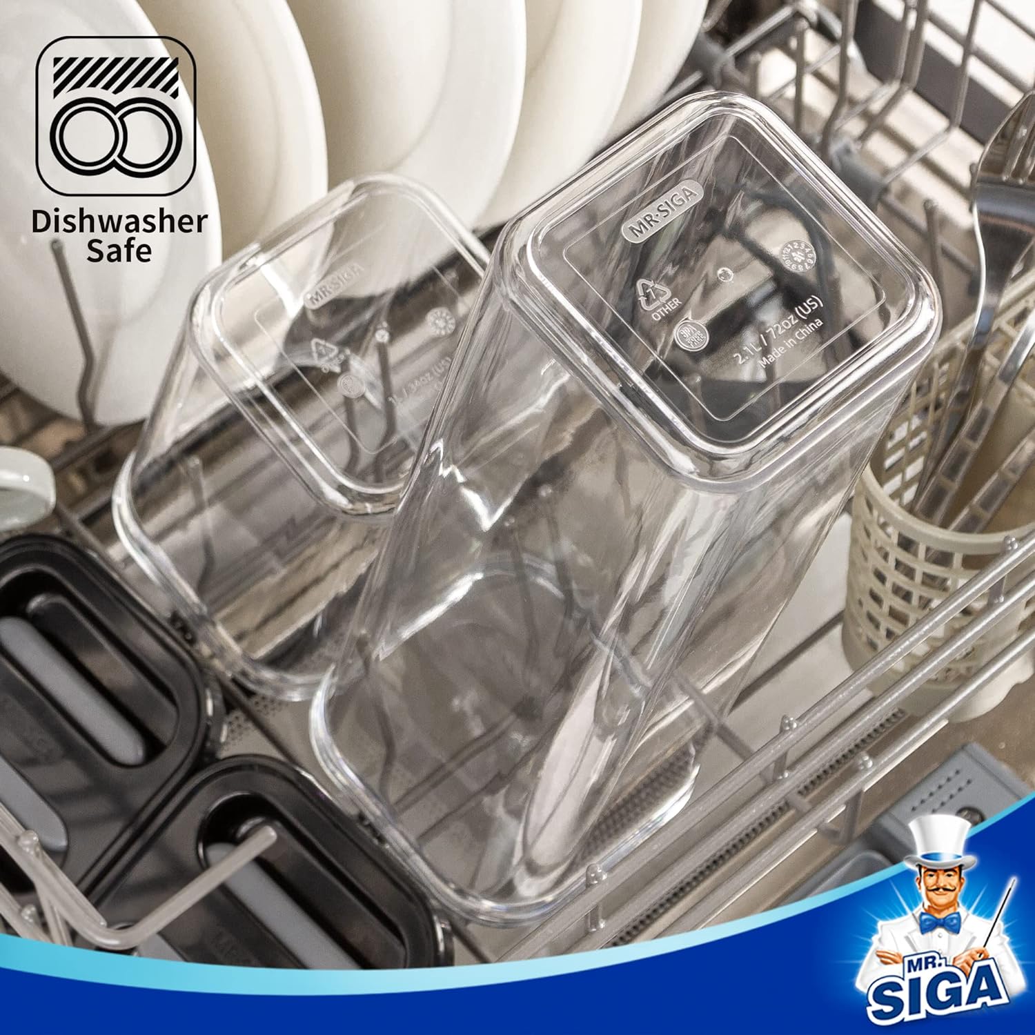 MR.SIGA 4 Pack Airtight Food Storage Container Set, BPA Free Kitchen Pantry Organization Canisters, One-handed Airtight Cereal Flour Spaghetti Storage Containers, 2.1L / 72oz, Black