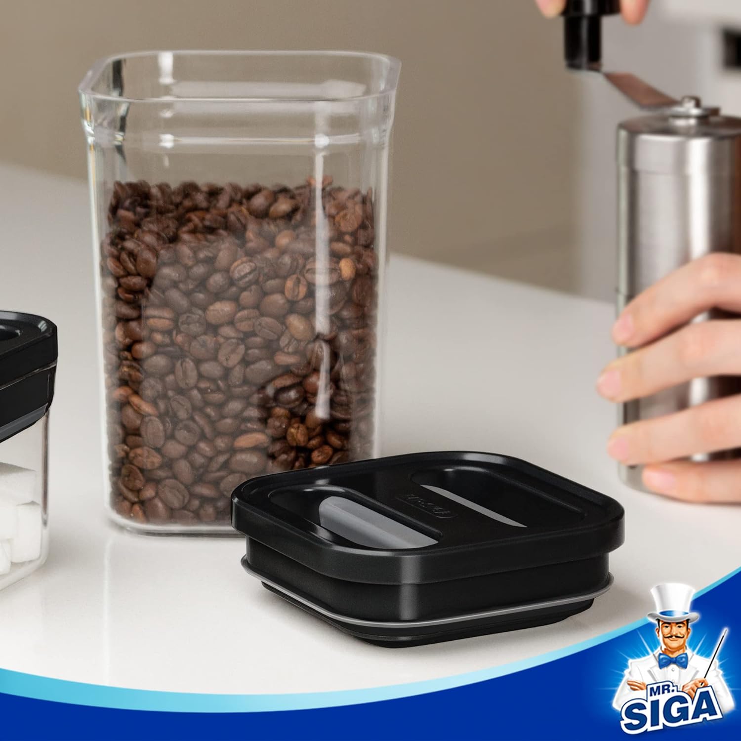 MR.SIGA 8 Piece Airtight Food Storage Container Set, BPA Free Kitchen Pantry Organization Canisters, One-handed Airtight Plastic Containers with Lids for Cereal, Spaghetti, Pasta, Black