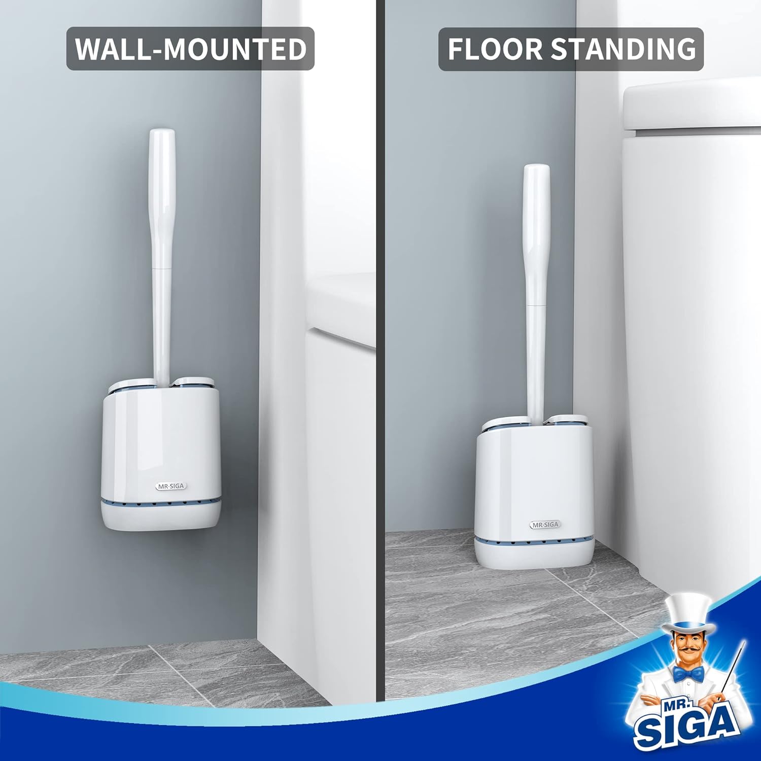 MR.SIGA Toilet Bowl Brush and Holder, Durable and Flexible Bristles, Wall Mounted Toilet Brush for Bathroom Cleaning, White, 1 Pack