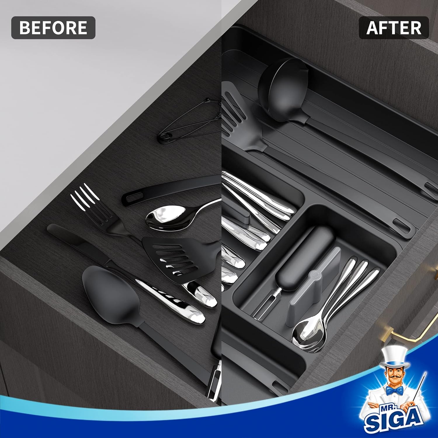 MR.SIGA Expandable Silverware Organizer, Flatware Organizer for Drawer, Utensil Organizer and Adjustable Cutlery Tray for Kitchen Drawer, Black