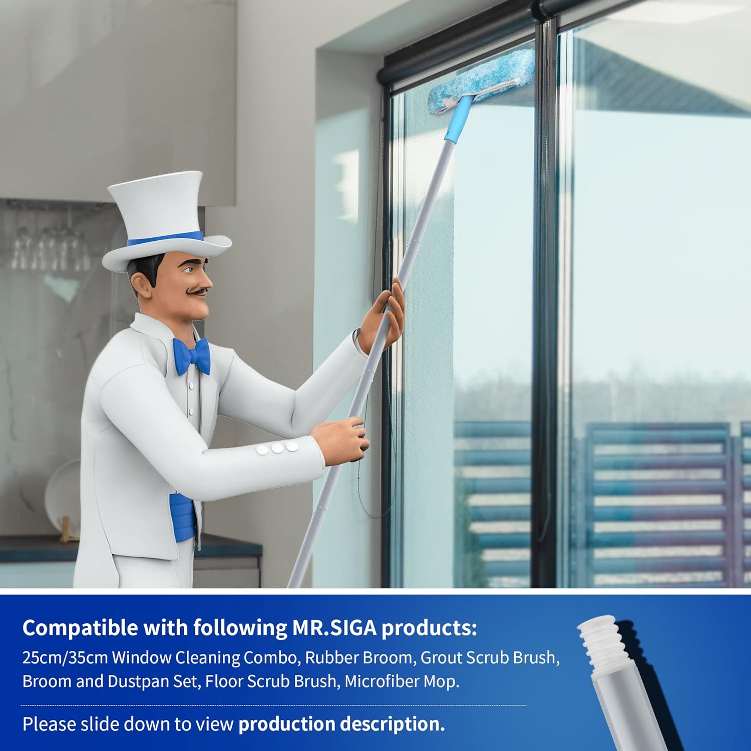 MR.SIGA 54.3 inch Long Extension Pole, Adjustable 4 Pieces Aluminum Pole for Window Squeegee