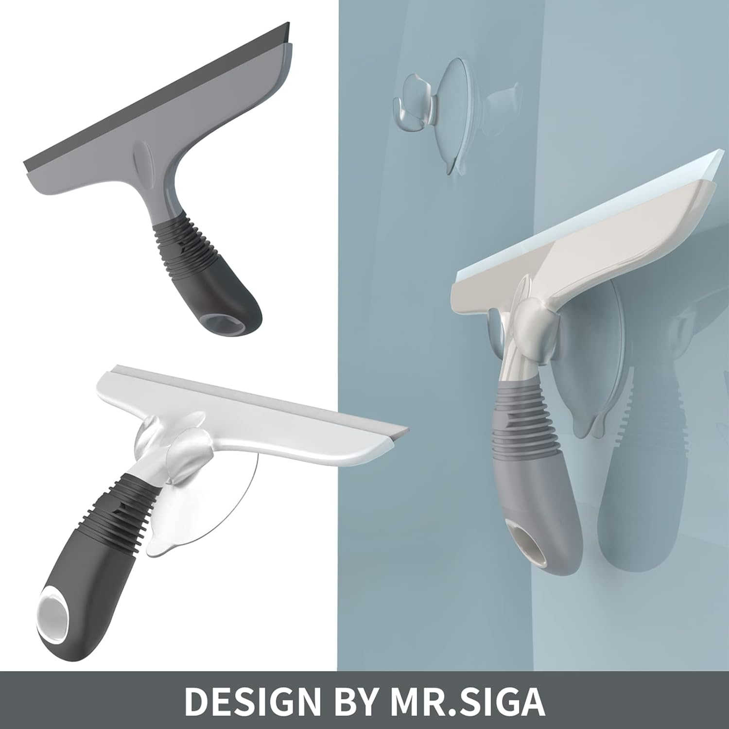 MR.SIGA Multi-Purpose Silicon Squeegee for Window, Glass, Shower Door, Car Windshield, Heavy Duty Window Scrubber, Includes Suction Hook, 10 inch, White & Grey, 2 Pack