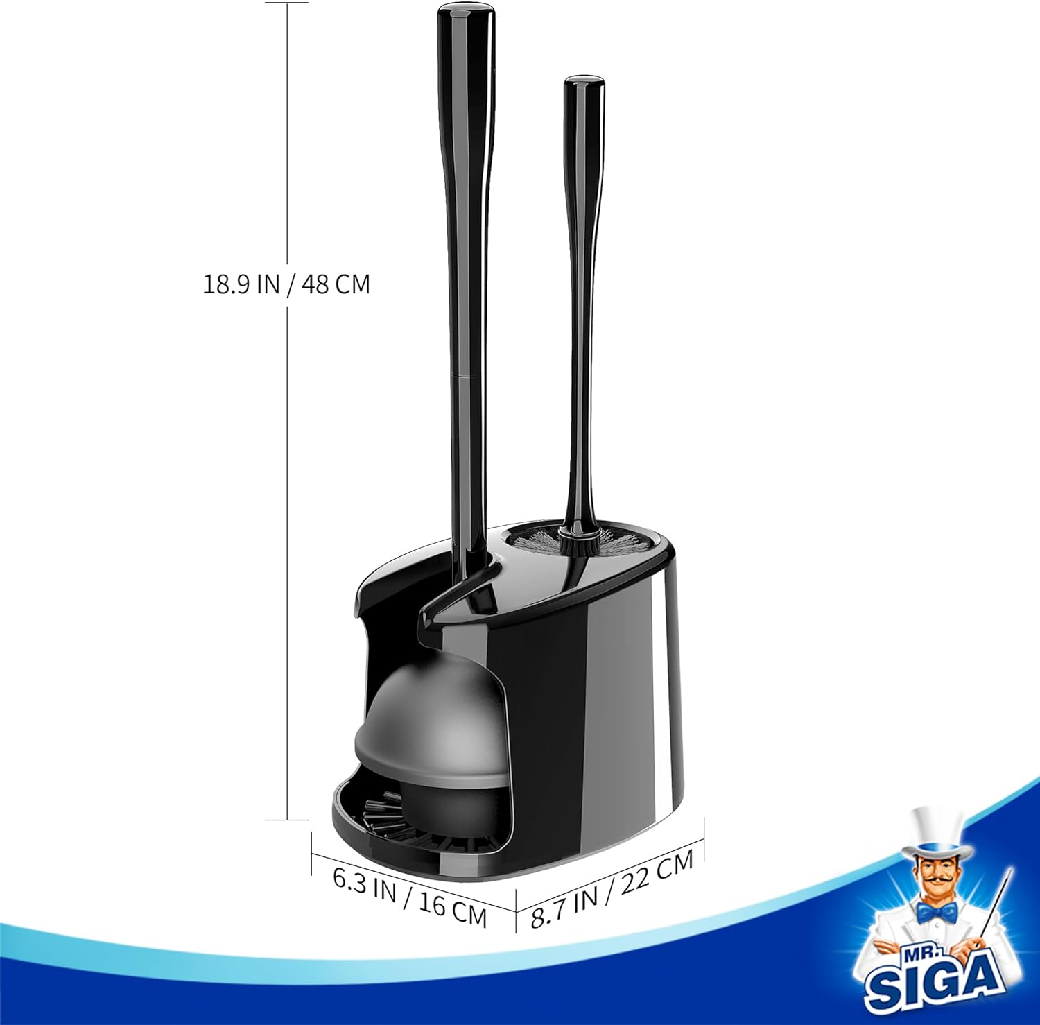 MR.SIGA Toilet Plunger and Bowl Brush with Holder, Heavy Duty Toilet Brush and Plunger Set for Bathroom Cleaning, Black, 1 Set