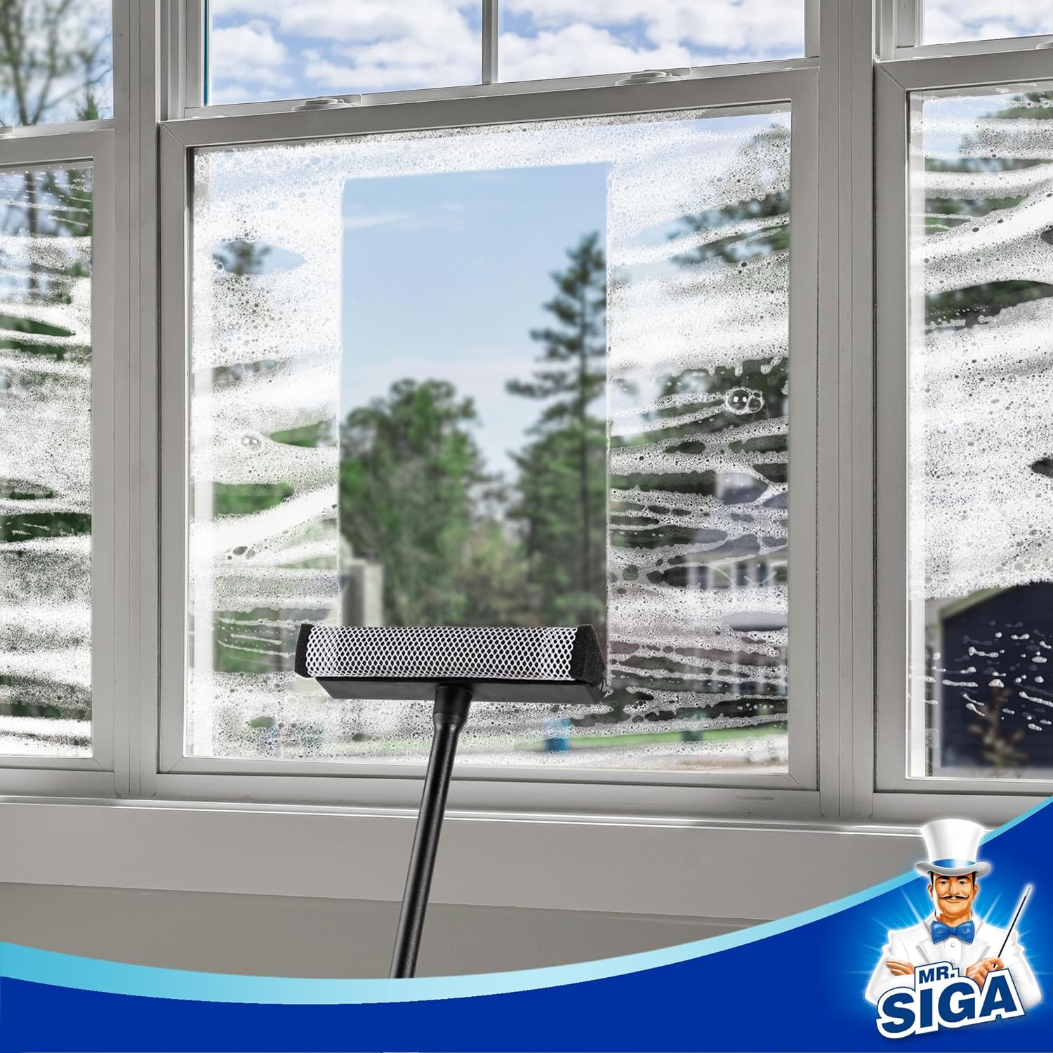 MR.SIGA Professional Squeegee for Car Window Cleaning and Windshield Washing, 2 in 1 Window Cleaning Squeegee Window Washing Sponge Scrubber, Rubber Blade Window Cleaner Squeegee with Handle, Black