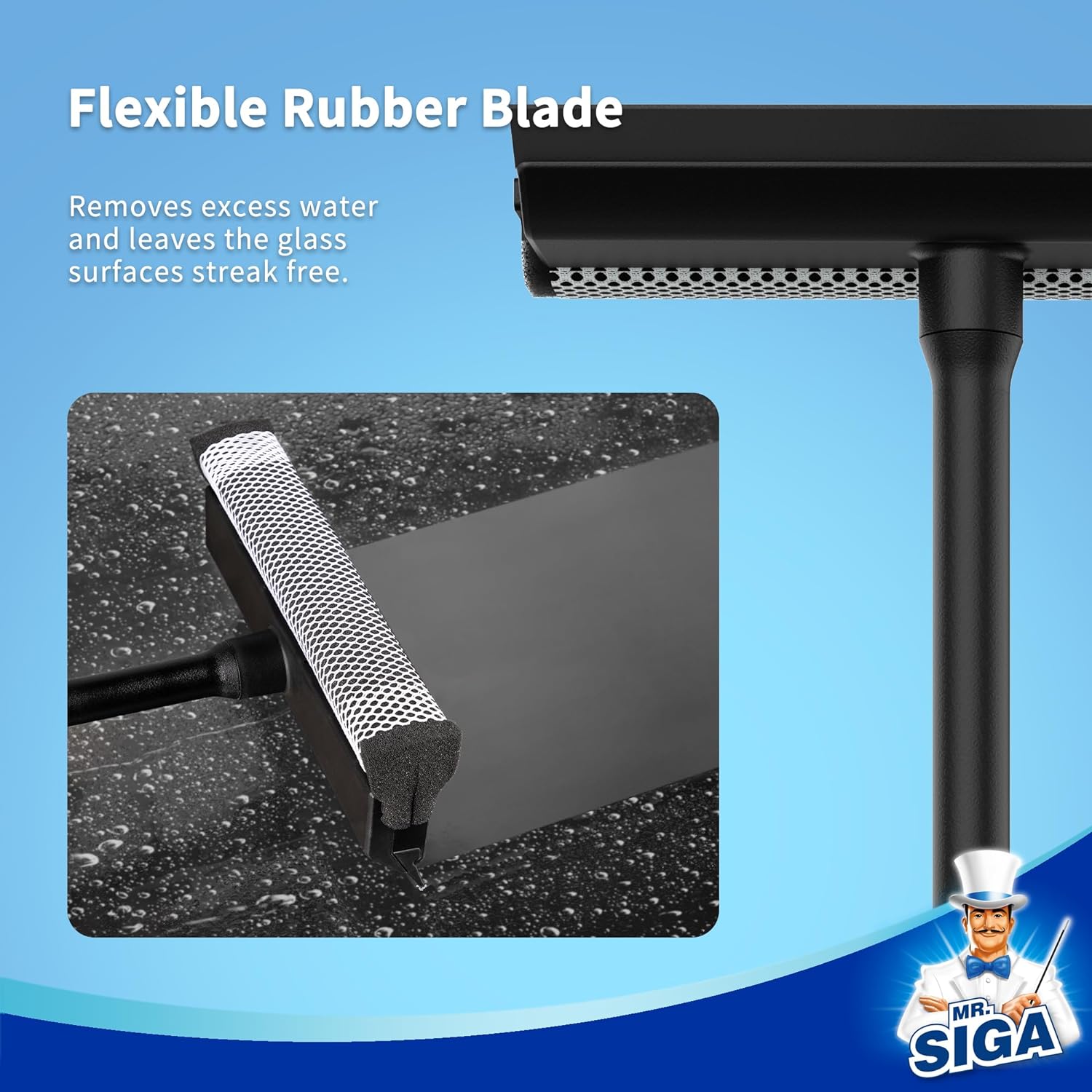 MR.SIGA Professional Squeegee for Car Window Cleaning and Windshield Washing, 2 in 1 Window Cleaning Squeegee Window Washing Sponge Scrubber, Rubber Blade Window Cleaner Squeegee with Handle, Black