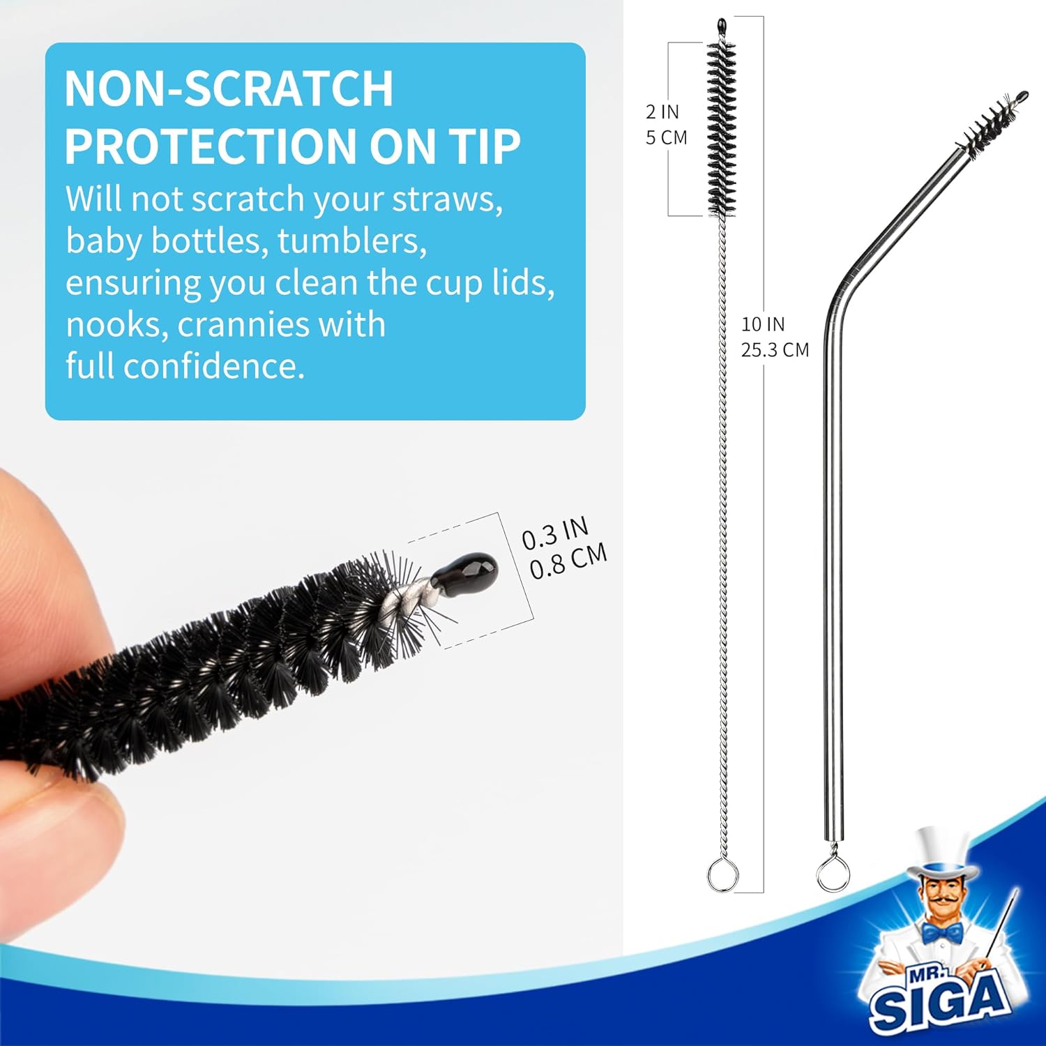MR.SIGA Straw Cleaner Brush, 10 inch Stainless Steel Straw Brush with Hanging Hole, Reusable and Dishwasher Safe, 20 Pack