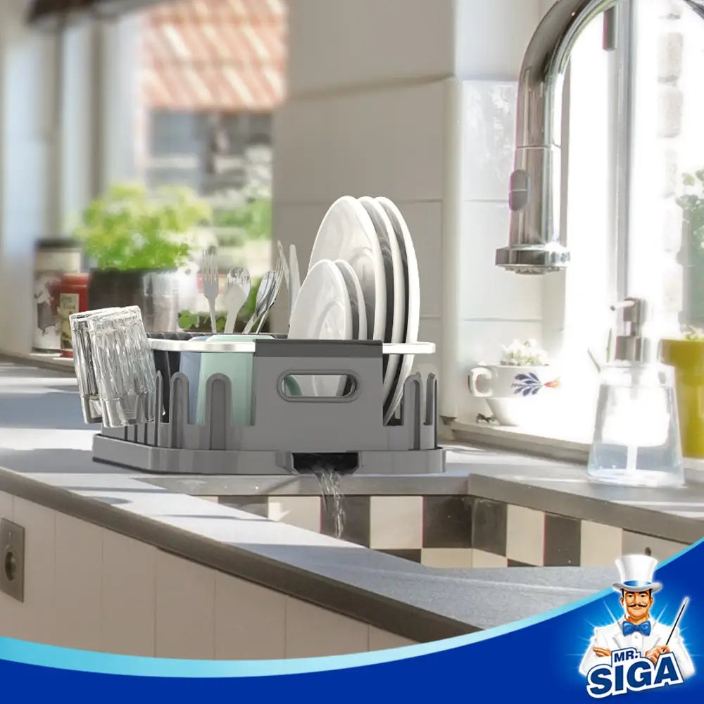 MR.SIGA Dish Drying Rack for Kitchen Counter Compact Dish Drainer with Drainboard Utensil Holder and Cup Rack Plastic