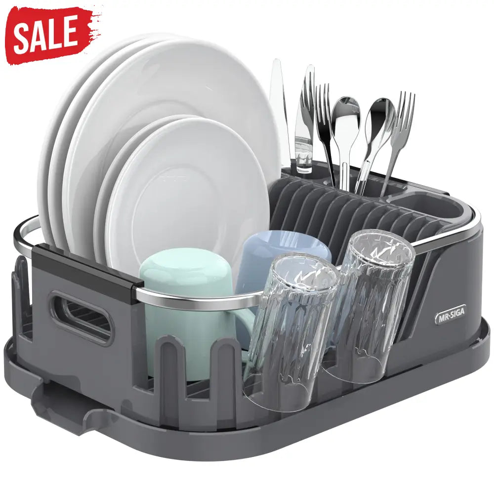 MR.SIGA Dish Drying Rack for Kitchen Counter Compact Dish Drainer with Drainboard Utensil Holder and Cup Rack Plastic