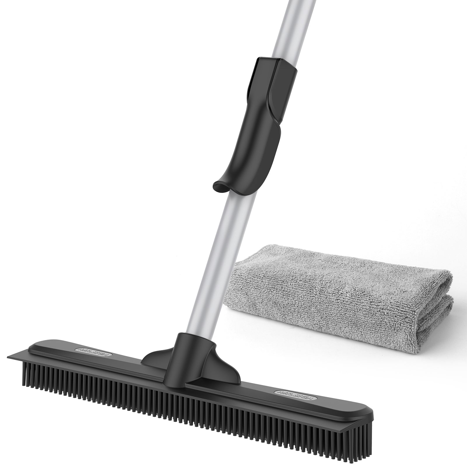 MR.SIGA Pet Hair Removal Rubber Broom with Built in Squeegee, 3 in 1 Floor Brush for Carpet, 61 inch Adjustable Handle, Includes 1 Microfiber Cloth for Floor Dusting