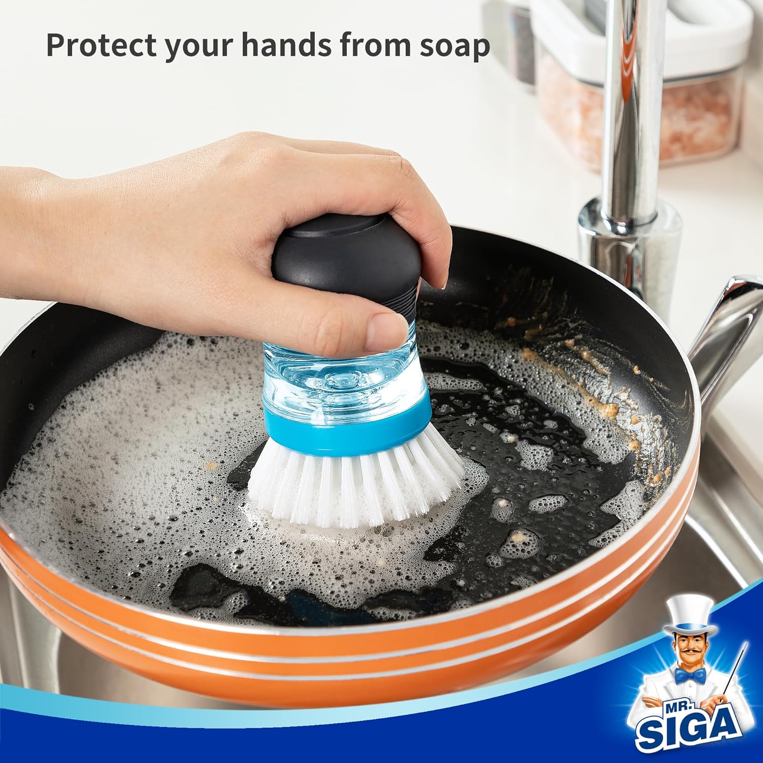 MR.SIGA Soap Dispensing Palm Brush, Kitchen Brush for Dish Pot Pan Sink Cleaning, Pack of 1, Navy/Blue