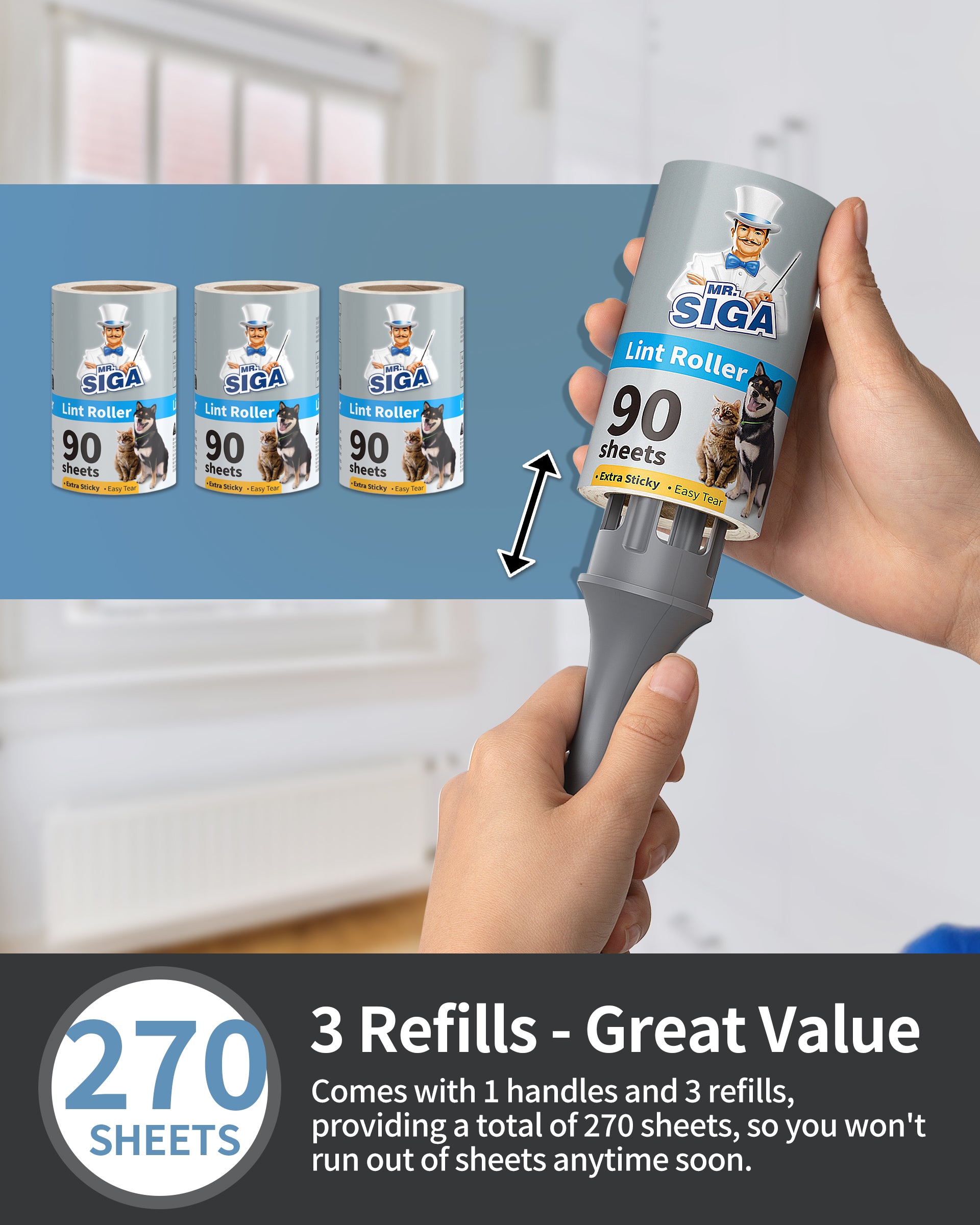 MR.Siga Lint Rollers for Pet Hair Extra Sticky, 270 Sheets, Lint Remover for Clothing