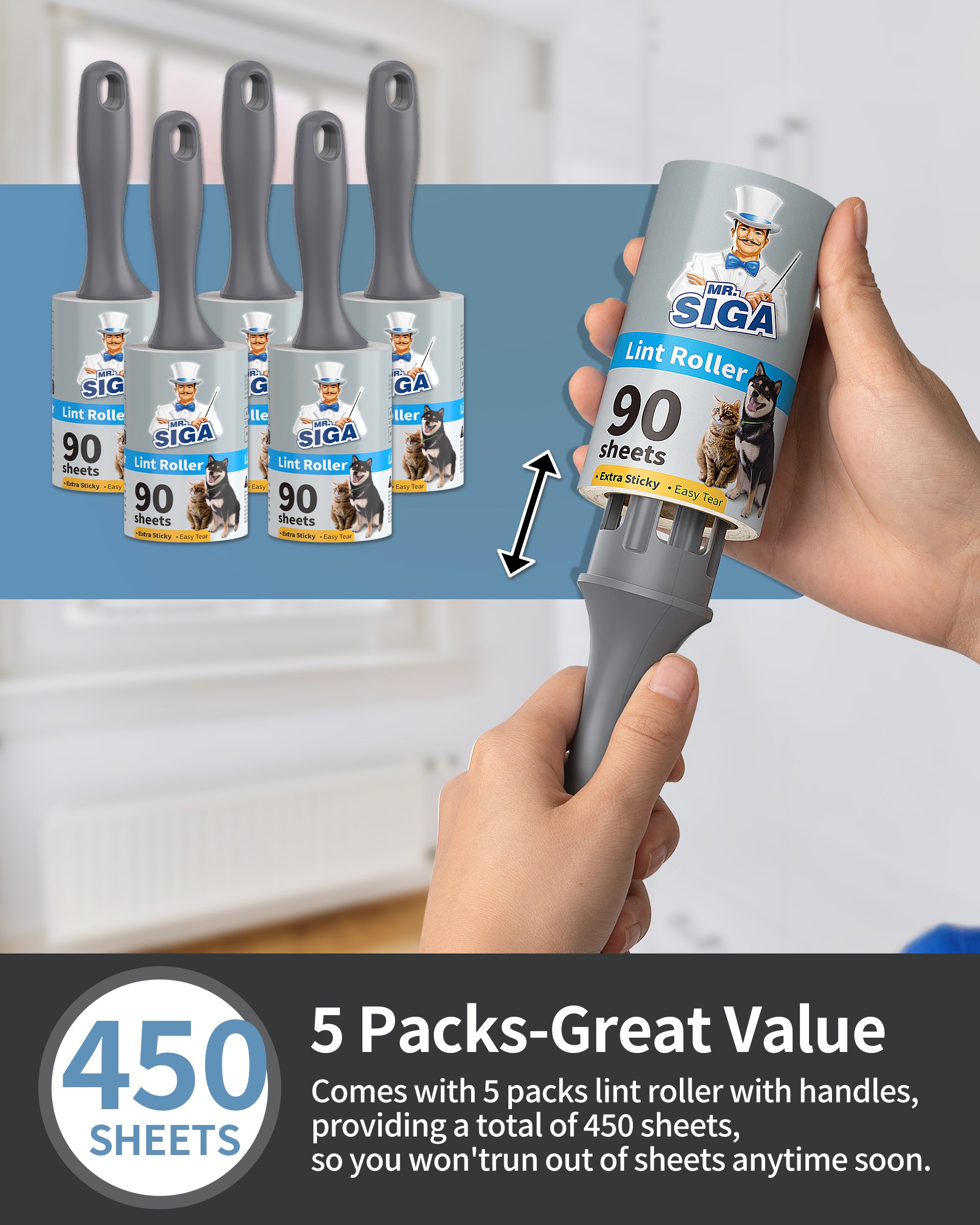 MR.Siga Lint Rollers for Pet Hair Extra Sticky, 450 Sheets with Handle, Lint Remover for Clothing