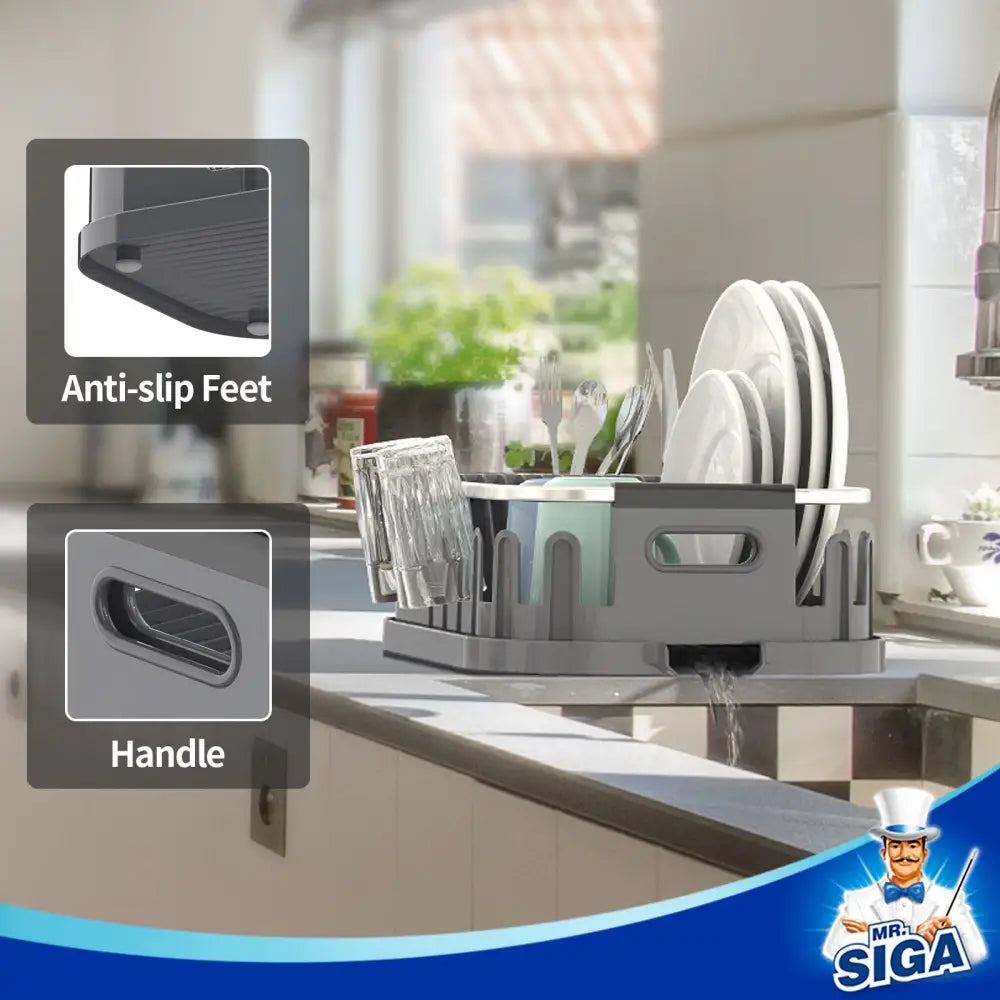 MR.SIGA Dish Drying Rack for Kitchen Counter Compact Dish Drainer with Drainboard Utensil Holder and Cup Rack Plastic