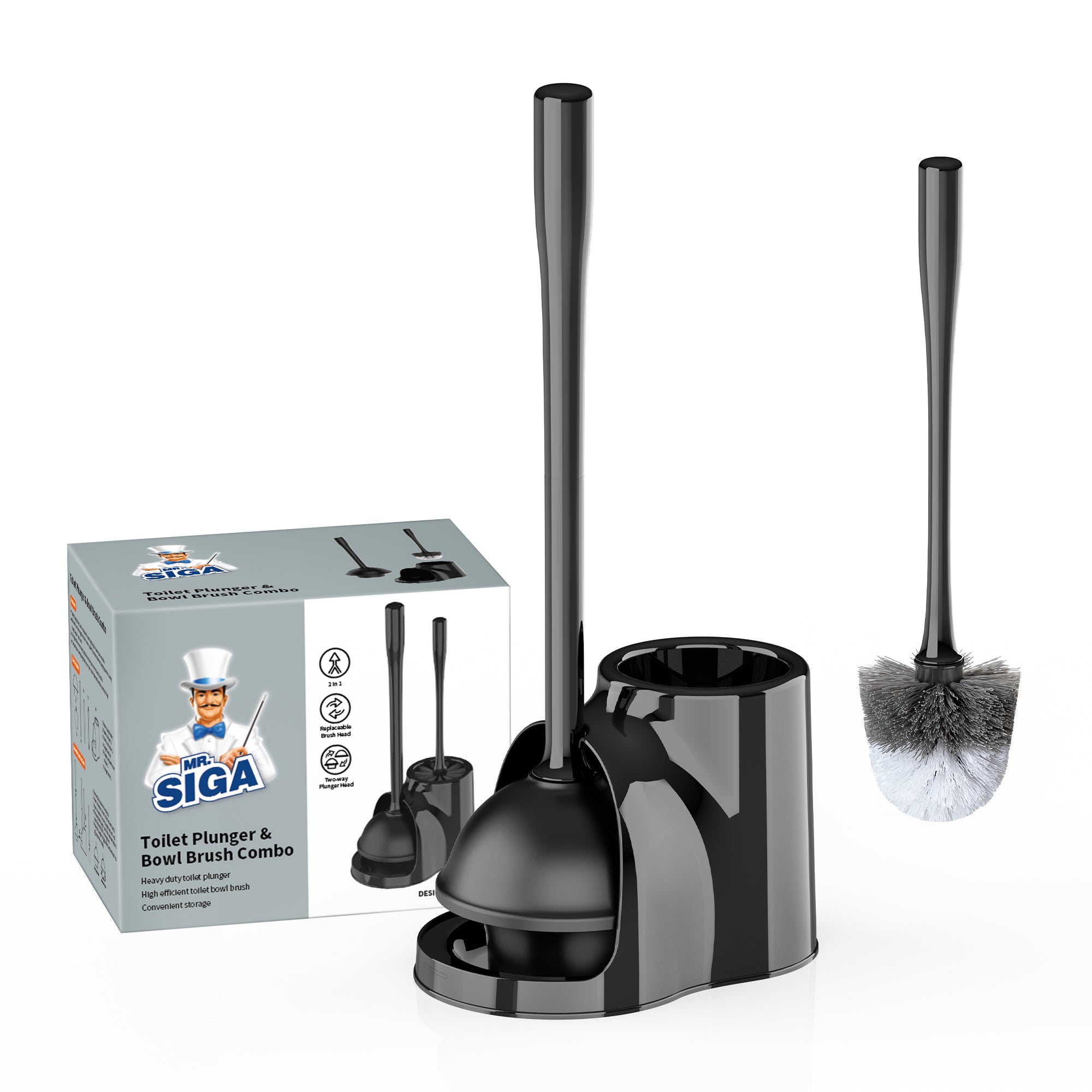 MR.Siga Toilet Plunger and Bowl Brush Combo, Black, 1 Set,for Adult