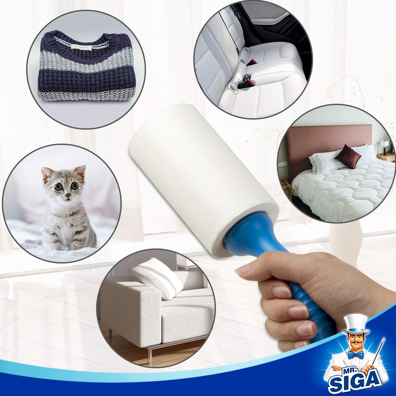 MR.SIGA Lint Roller,Extra Sticky Lint Roller Pet Hair Remover with Easy Tear Sheets, 5-Pack, 450 Sheets in Total