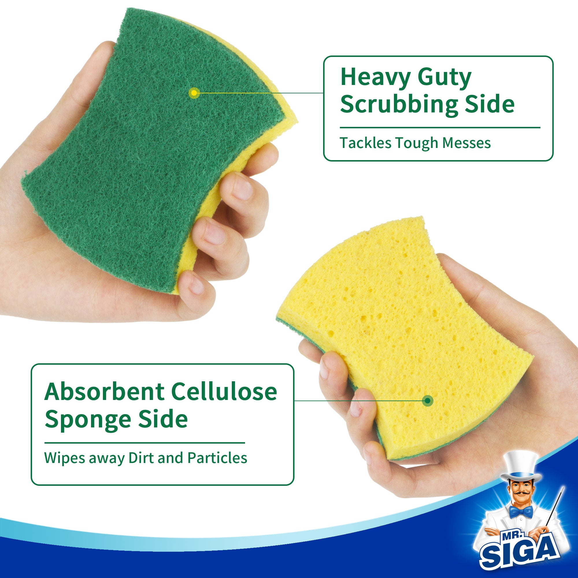 MR.SIGA Heavy Duty Cellulose Scrub Sponge, Dual-Sided Dishwashing Sponge for Kitchen, 12 Pack