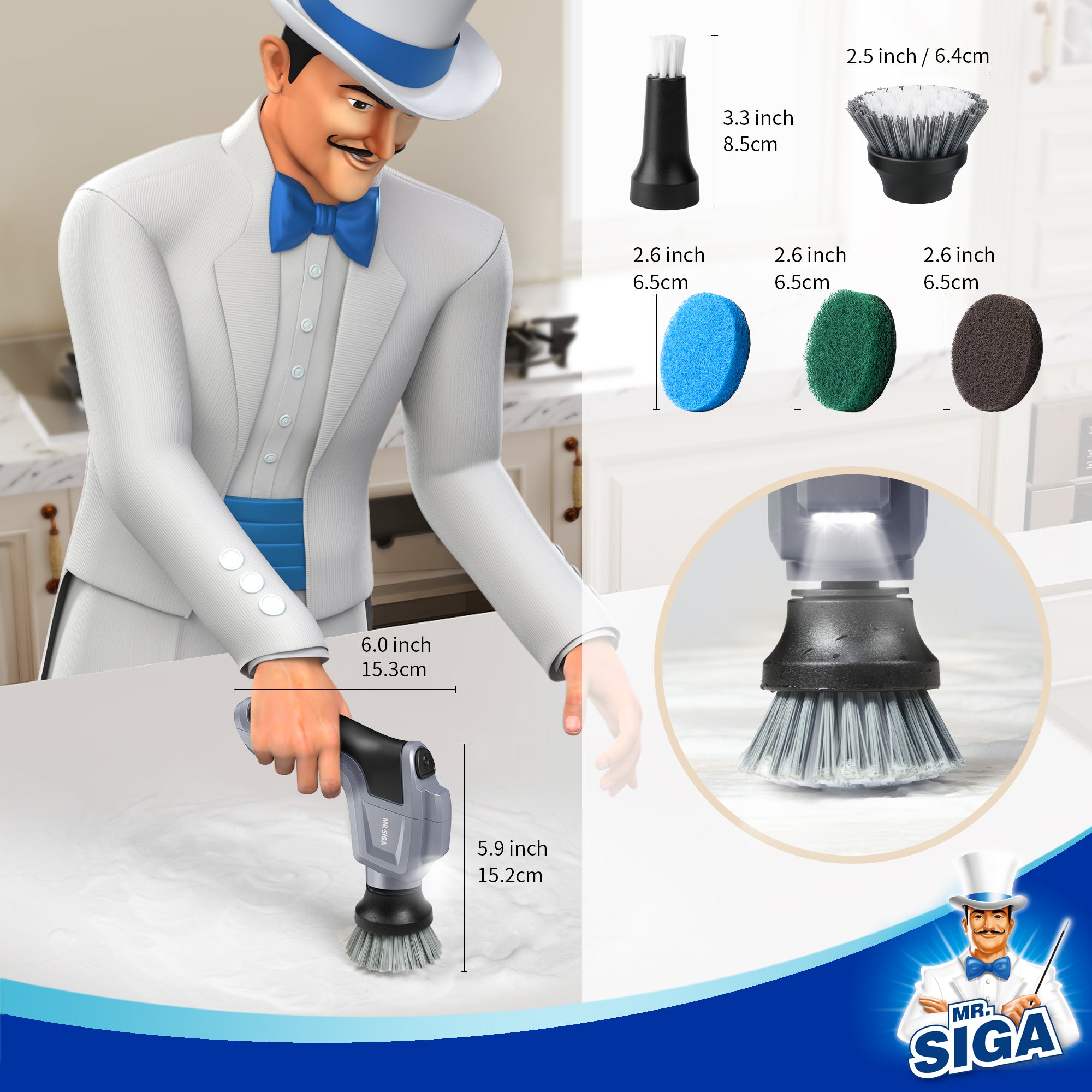 MR.SIGA Electric Spin Scrubber for Kitchen and Bathroom Cleaning, Waterproof Rechargeable Cordless Spin Scrubber with 5 Replaceable Cleaning Brushes and Pads