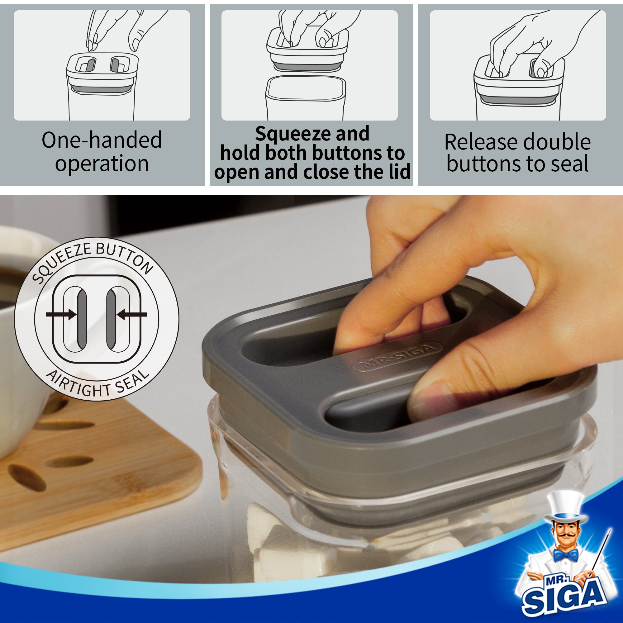 MR.SIGA 4er-Set luftdichte Vorratsbehälter für Lebensmittel, BPA-freie Vorratsdosen für die Küche, luftdichte Einhand-Aufbewahrungsbehälter für Müsli, Snacks und Süßigkeiten, 360 ml, klein, grau