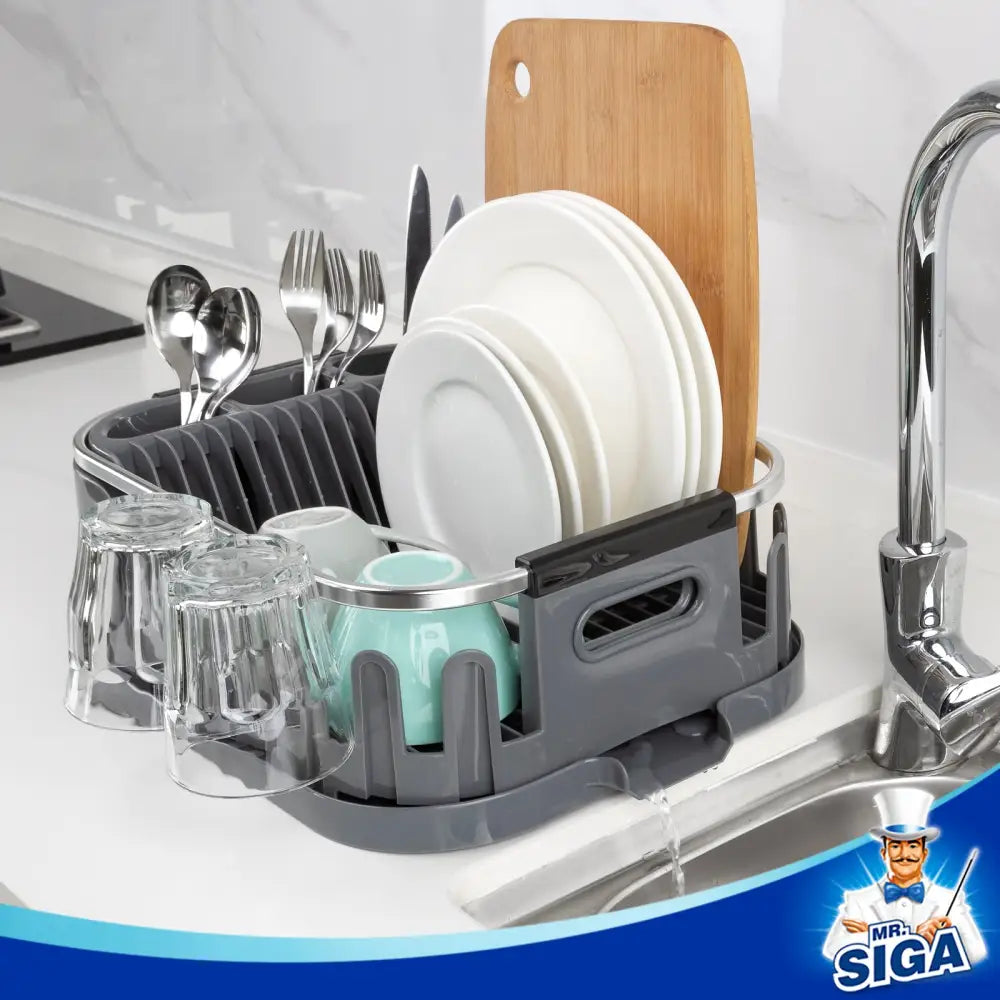 MR.SIGA Dish Drying Rack for Kitchen Counter Compact Dish Drainer with Drainboard Utensil Holder and Cup Rack Plastic