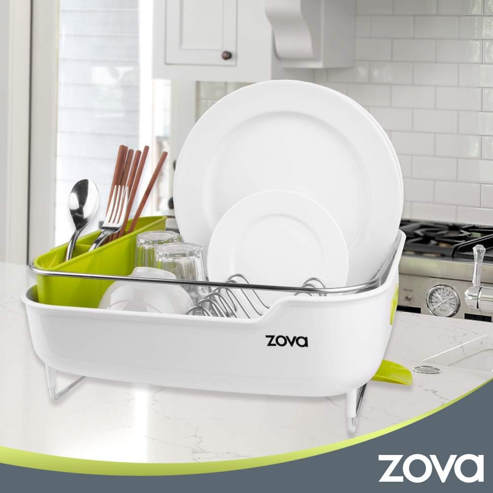 ZOVA Premium-Geschirrabtropfgestell aus Edelstahl mit schwenkbarem Ausguss, Abtropfgestell, Utensilien-Organizer für die Küche – Mittel, Weiß und Grün