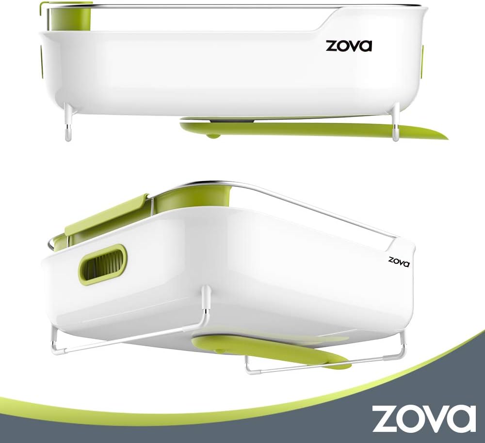 ZOVA Premium Stainless Steel Dish Drying Rack with Swivel Spout, Dish Drainer Utensil Organizer for Kitchen– Medium, White &Green