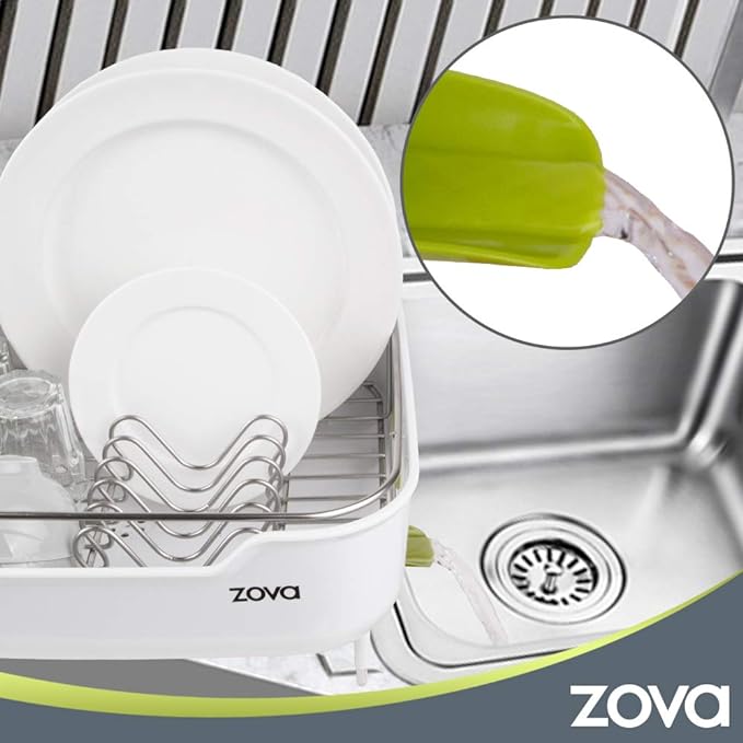 ZOVA Premium-Geschirrabtropfgestell aus Edelstahl mit schwenkbarem Ausguss, Abtropfgestell, Utensilien-Organizer für die Küche – Mittel, Weiß und Grün