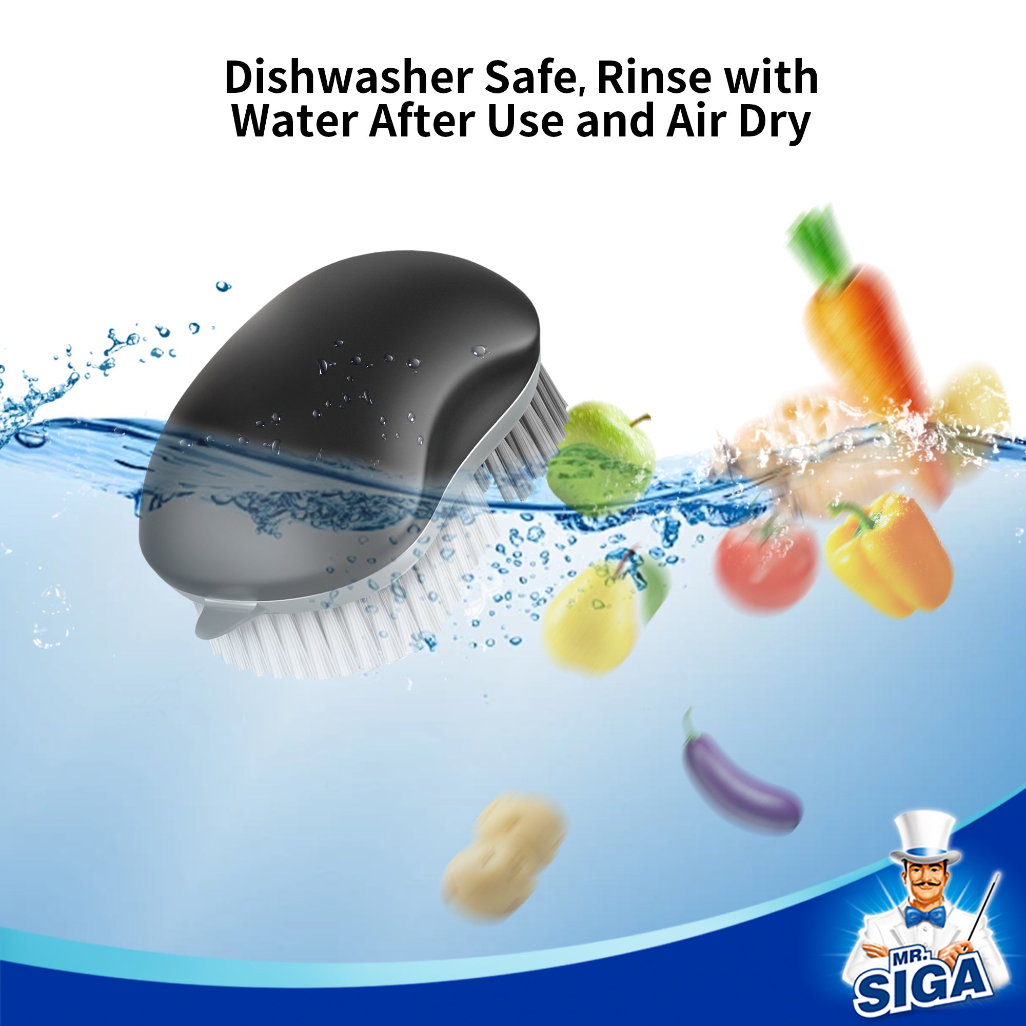 MR.SIGA Fruit and Vegetable Cleaning Brush with Non Slip Comfortable Grip, Pack of 2, Black