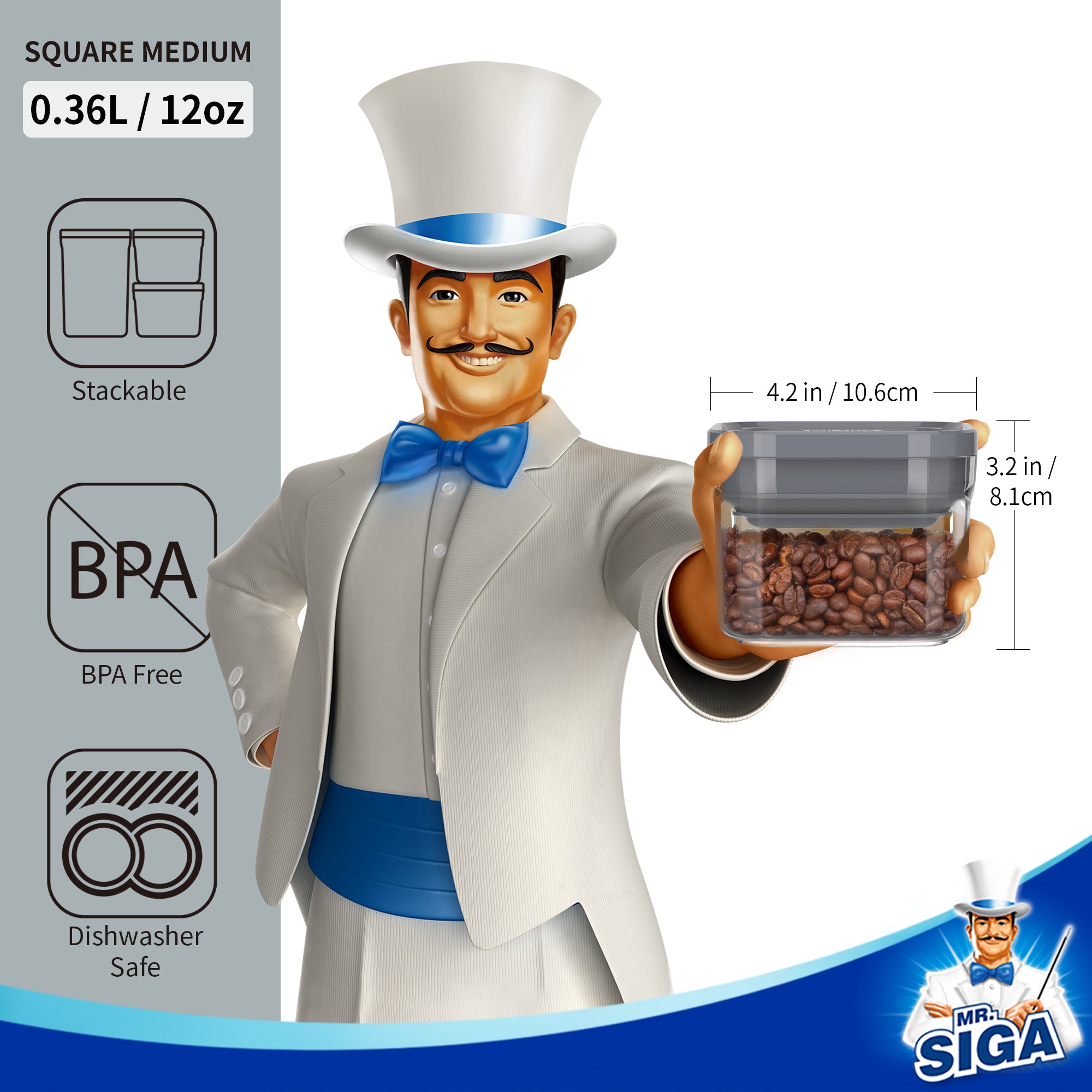 MR.SIGA 4er-Set luftdichte Vorratsbehälter für Lebensmittel, BPA-freie Vorratsdosen für die Küche, luftdichte Einhand-Aufbewahrungsbehälter für Müsli, Snacks und Süßigkeiten, 360 ml, klein, grau