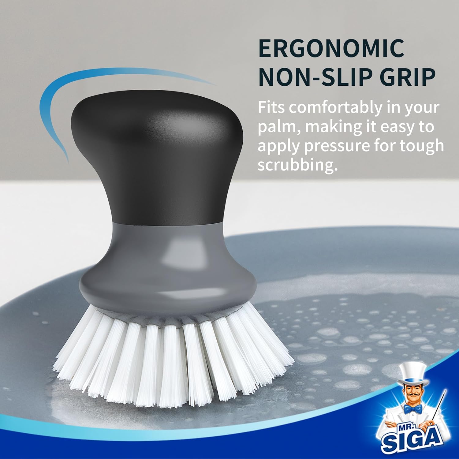 MR.SIGA Dish Scrub Brush, Palm Brush Dish Scrubber with Ergonomic Grip, Kitchen Brushes for Dishes, Gray, Pack of 2