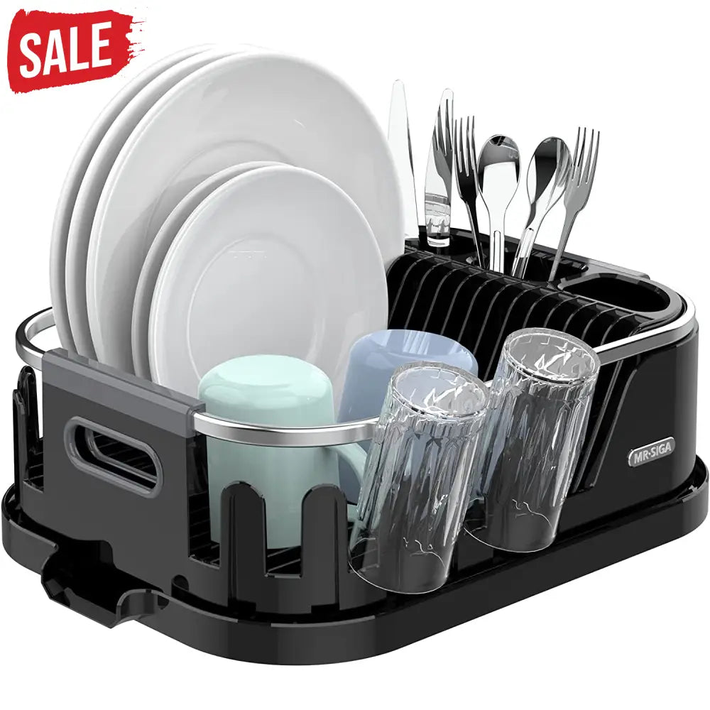 MR.SIGA Dish Drying Rack for Kitchen Counter Compact Dish Drainer with Drainboard Utensil Holder and Cup Rack Plastic