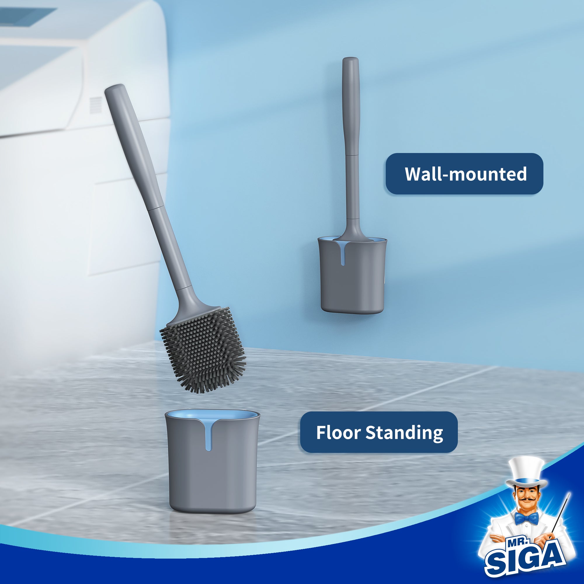 MR.SIGA Toilet Brush and Holder, Wall Mounted Toilet Brush for Bathroom Cleaning, Compact Toilet Brush with Holder Set, Gray, 1 Pack