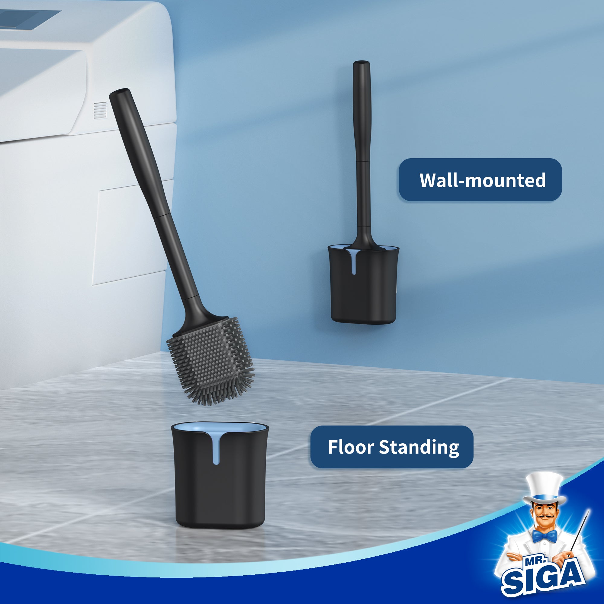 MR.SIGA Toilet Brush and Holder, Wall Mounted Toilet Brush for Bathroom Cleaning, Compact Toilet Brush with Holder Set, Black, 1 Pack