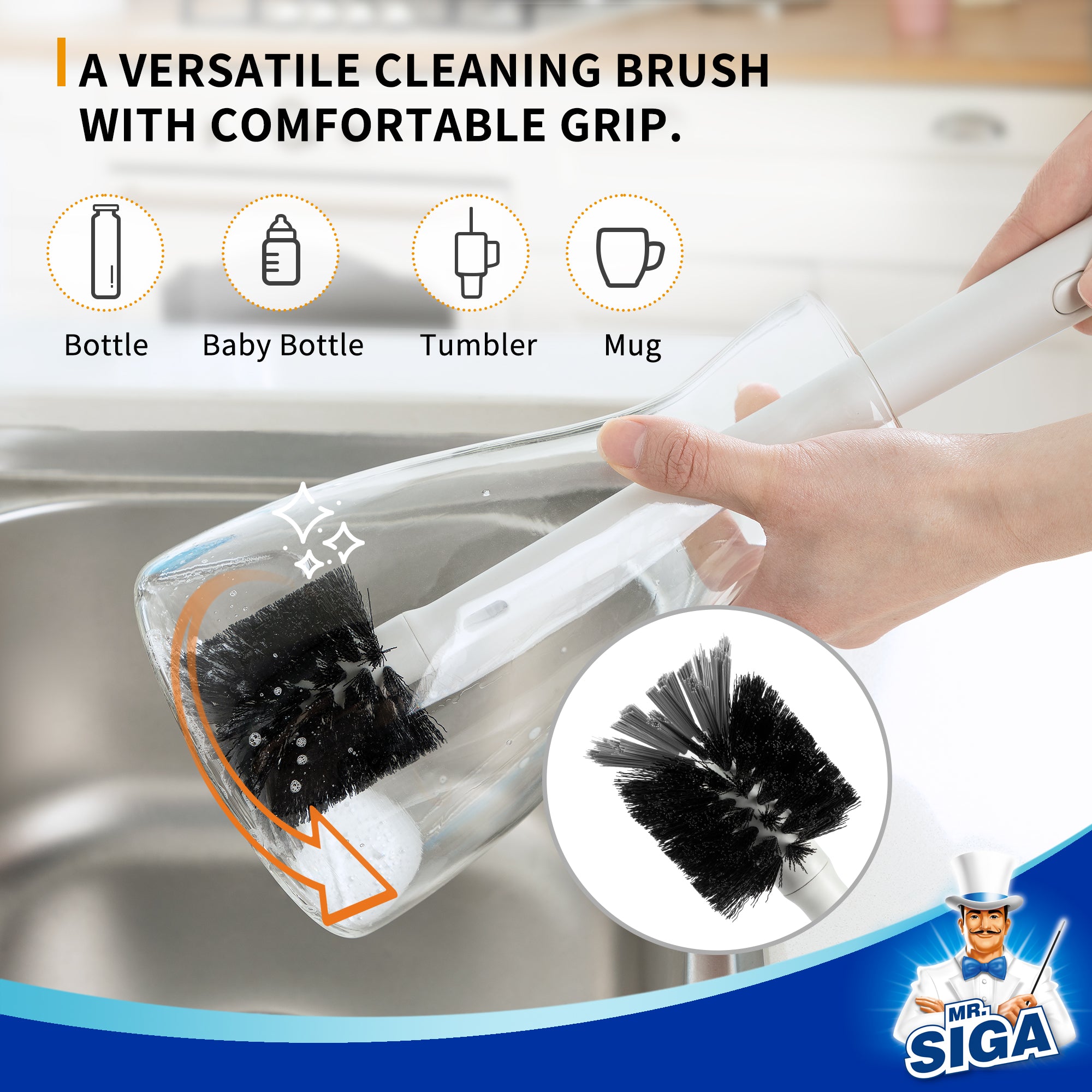 MR.SIGA Water Bottle Brush and Straw Cleaner Brush, Long Handle Bottle Cleaner Brush, 2 in 1 Bottle Cleaning Brush for Sports Bottles, Baby Bottles, Mugs, Straws