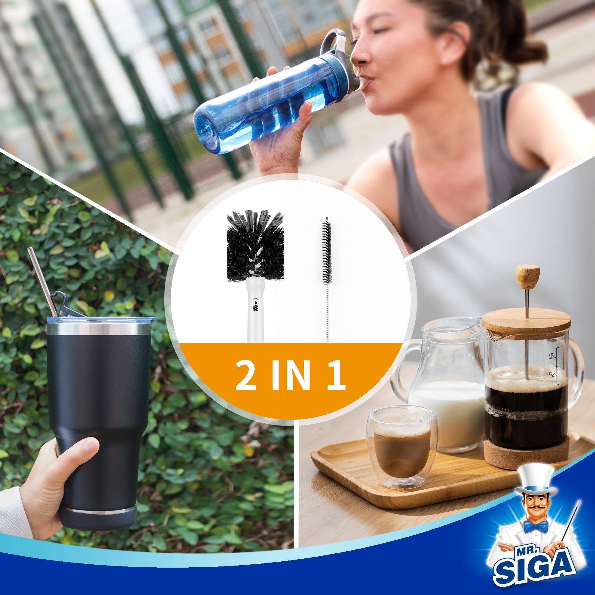 MR.SIGA Water Bottle Brush and Straw Cleaner Brush, Long Handle Bottle Cleaner Brush, 2 in 1 Bottle Cleaning Brush for Sports Bottles, Baby Bottles, Mugs, Straws