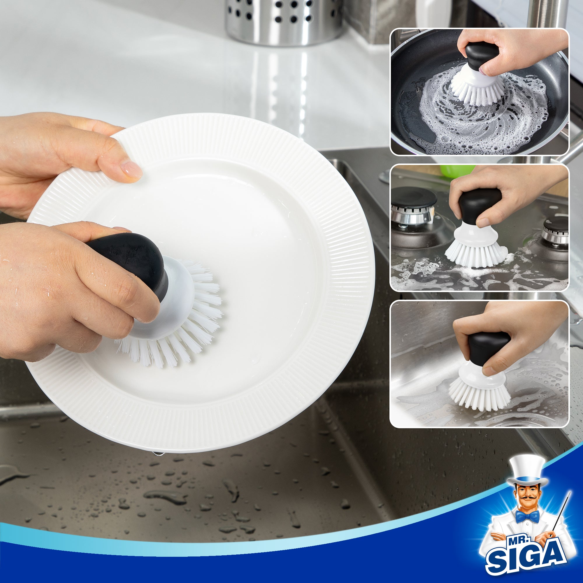 MR.SIGA Dish Scrub Brush, Palm Brush Dish Scrubber with Ergonomic Grip, Kitchen Brushes for Dishes, White, Pack of 2