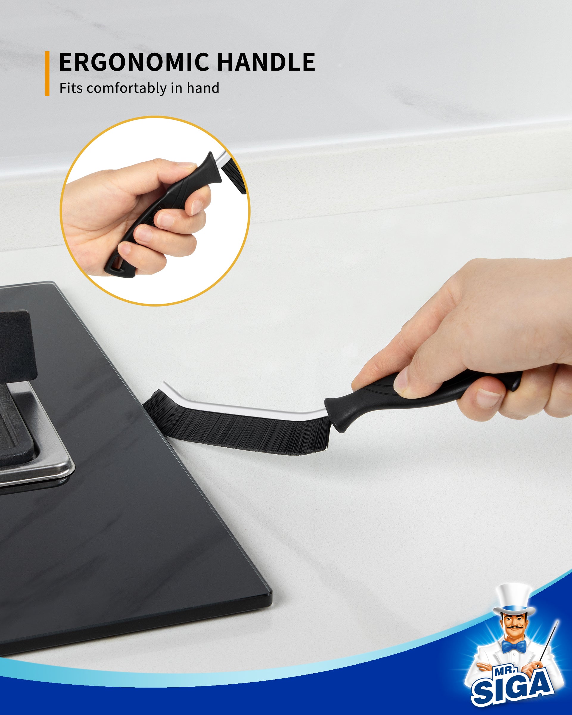 MR.SIGA Crevice Cleaning Brush with Handle, Heavy Duty Scrub Brush for Deep Cleaning, Flexible Grout Cleaner Brush, 5 Pack, Black