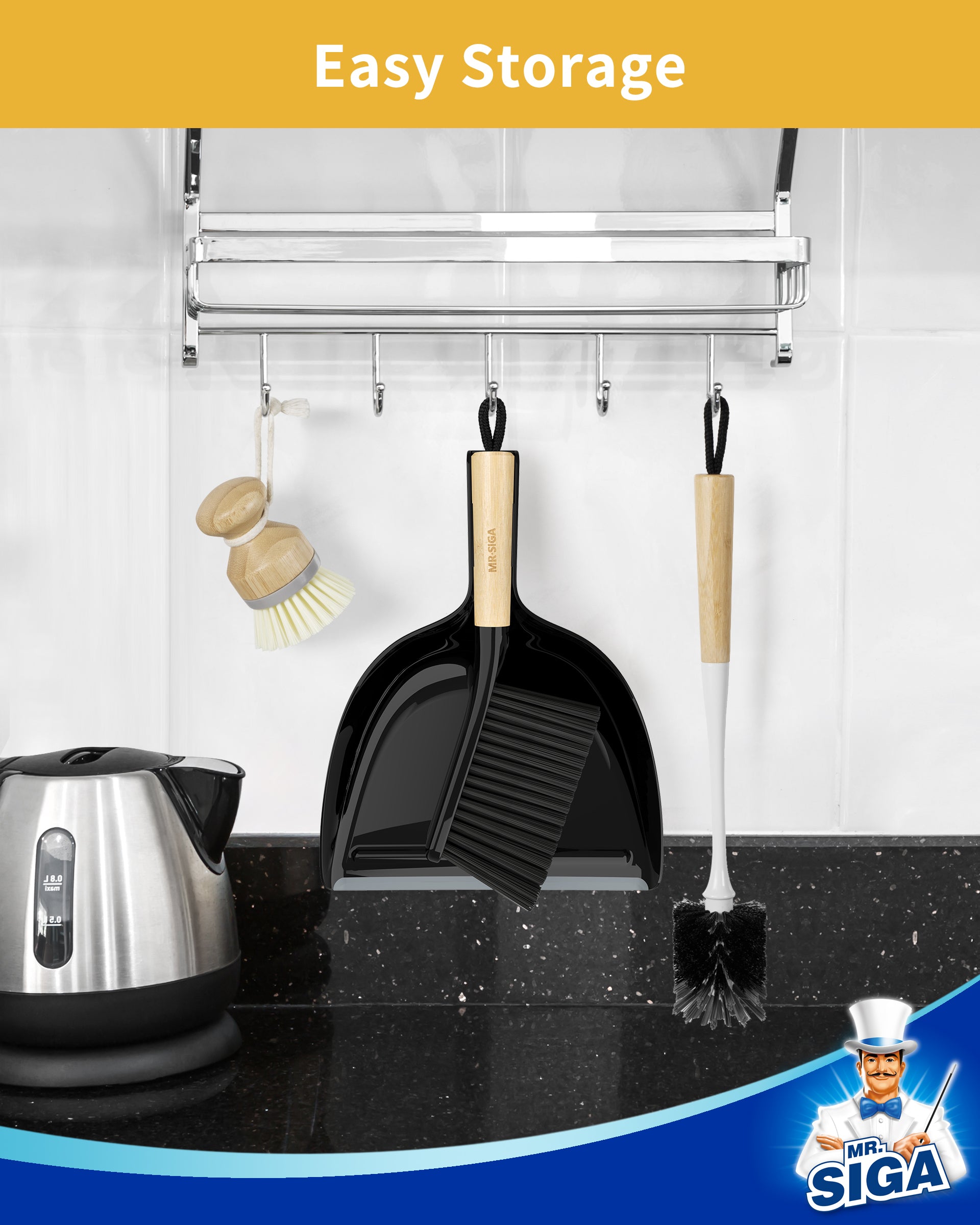MR.SIGA Dustpan and Brush Set, Portable Cleaning Brush and Dustpan Combo with Bamboo Handle, Black, 1 Set