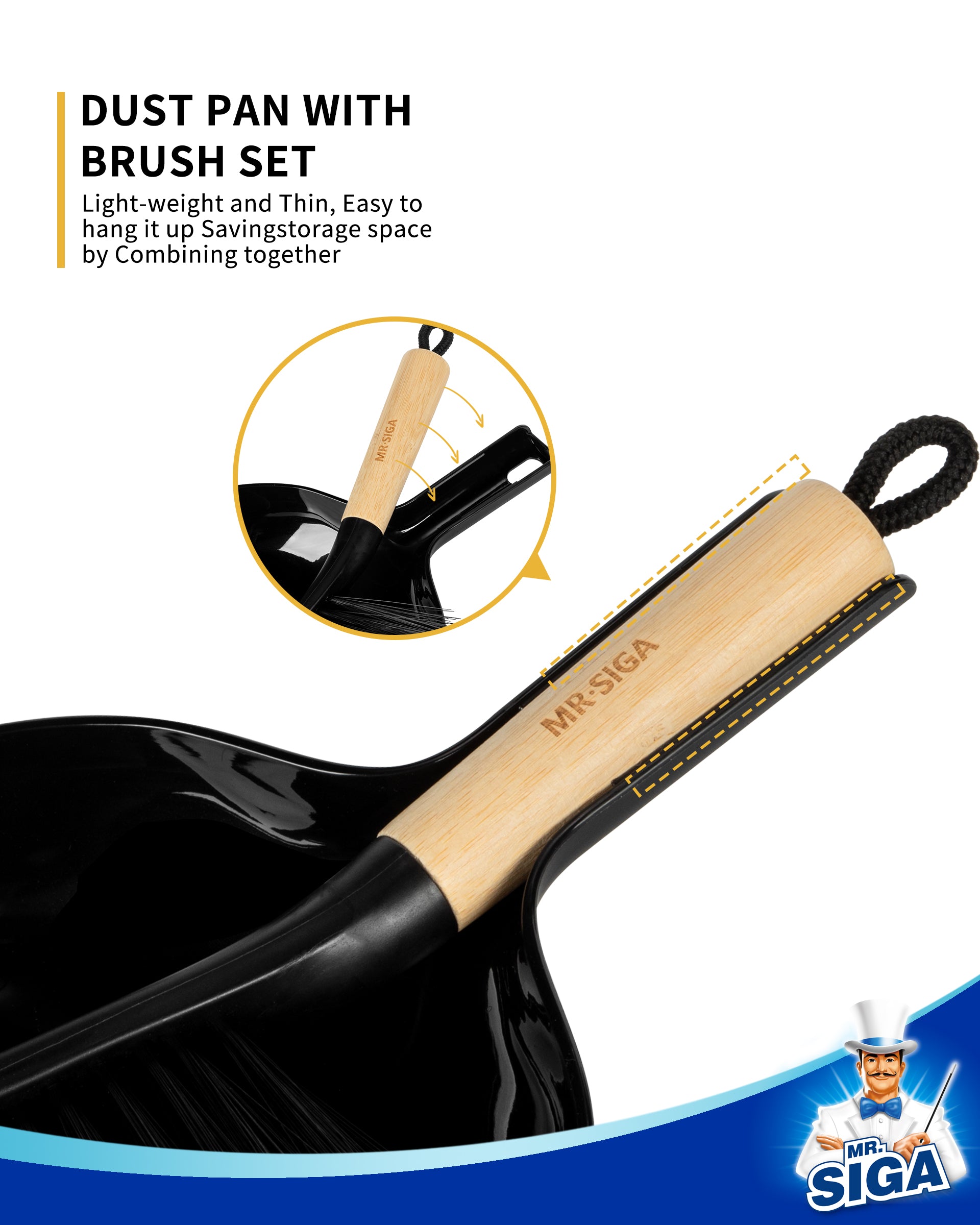 MR.SIGA Dustpan and Brush Set, Portable Cleaning Brush and Dustpan Combo with Bamboo Handle, Black, 1 Set