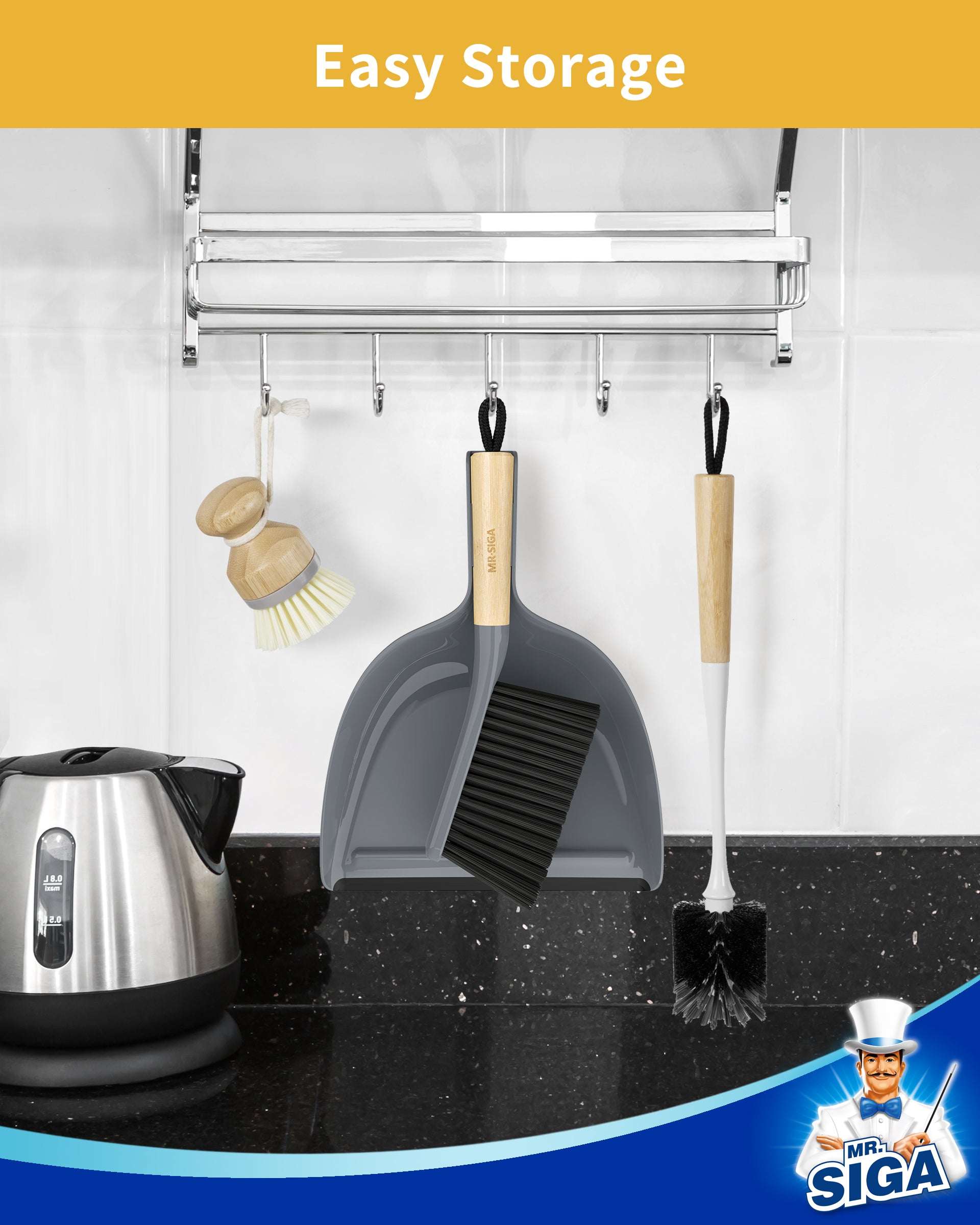 MR.SIGA Dustpan and Brush Set, Portable Cleaning Brush and Dustpan Combo with Bamboo Handle, Gray, 1 Set