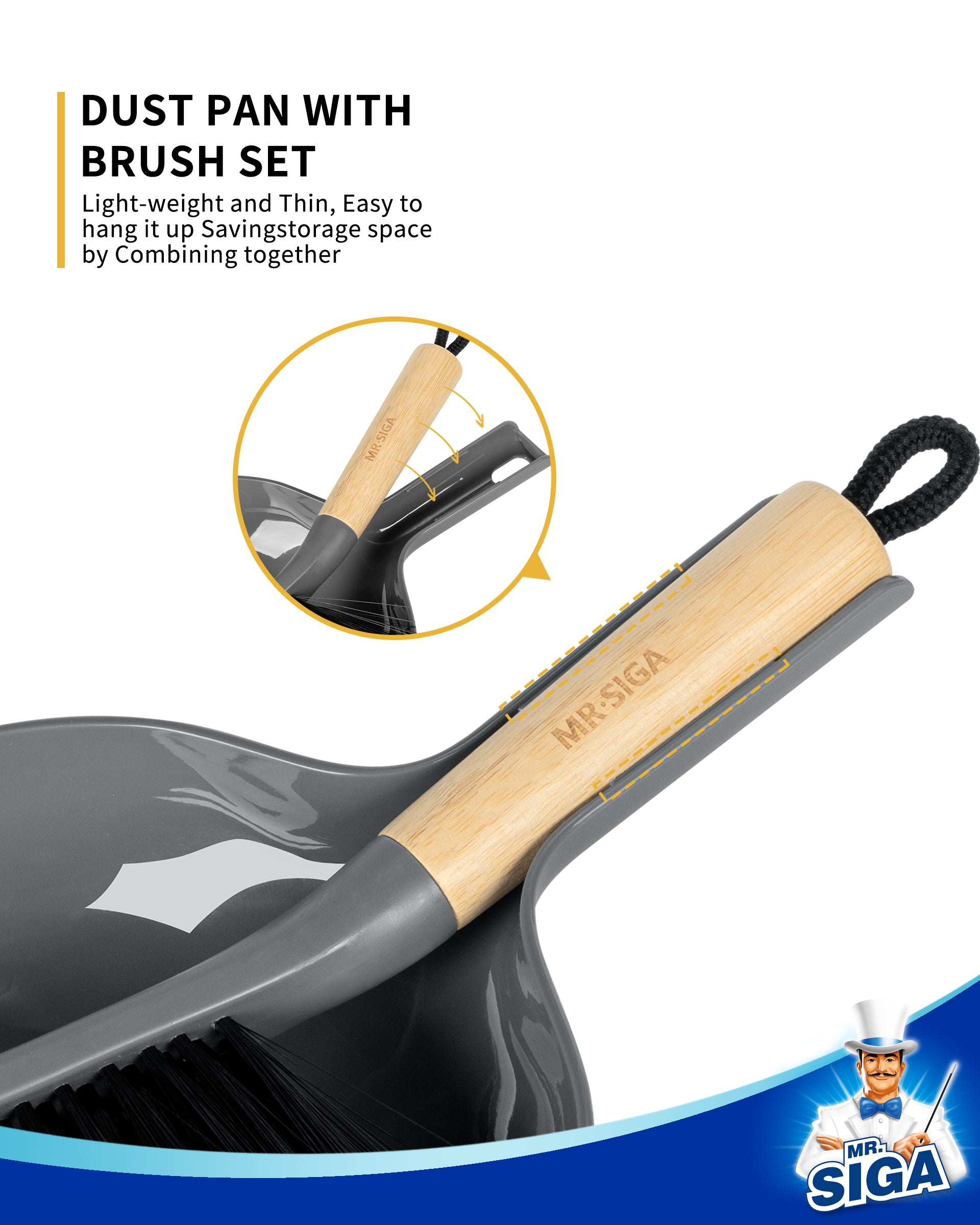 MR.SIGA Dustpan and Brush Set, Portable Cleaning Brush and Dustpan Combo with Bamboo Handle, Gray, 1 Set