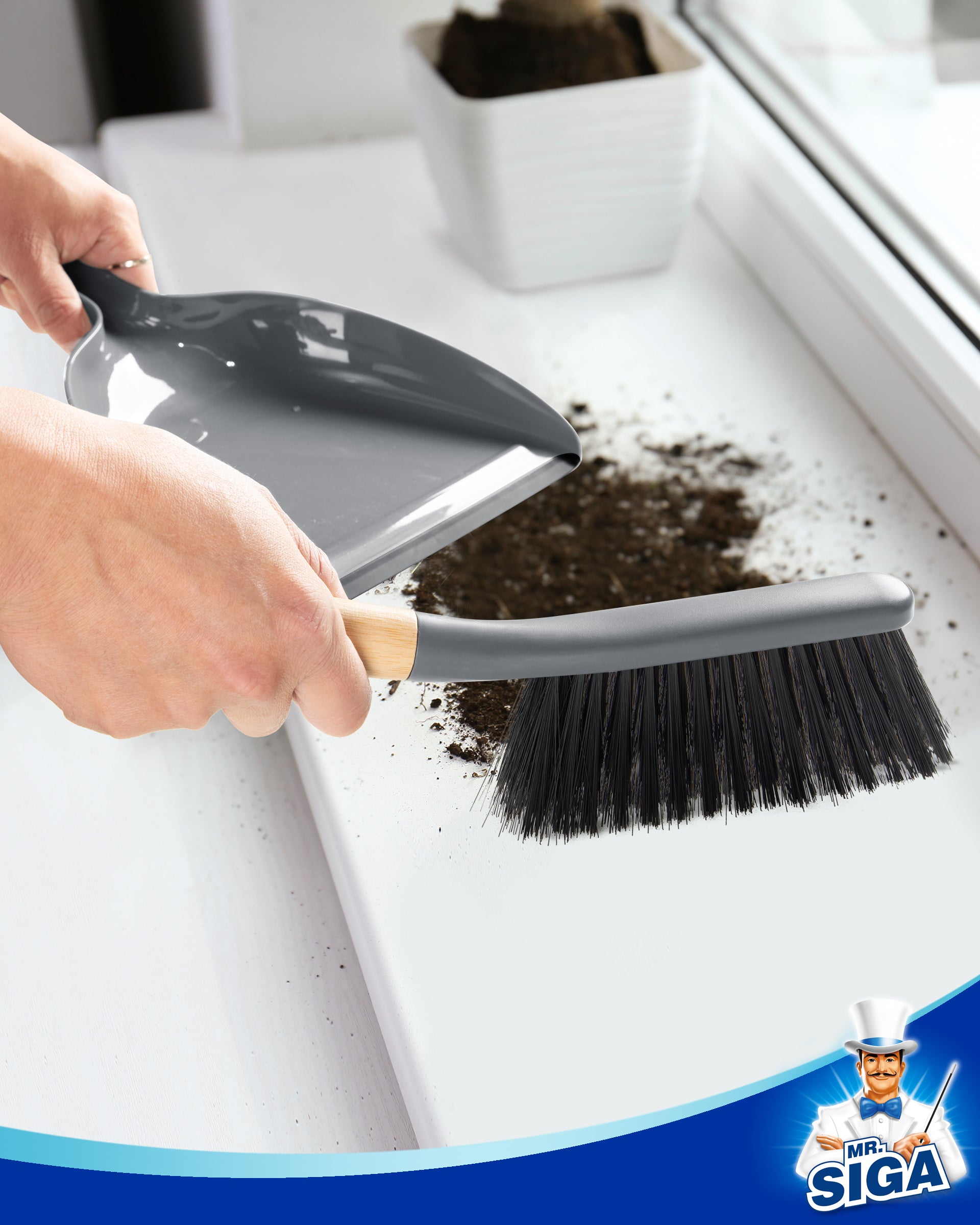 MR.SIGA Dustpan and Brush Set, Portable Cleaning Brush and Dustpan Combo with Bamboo Handle, Gray, 1 Set