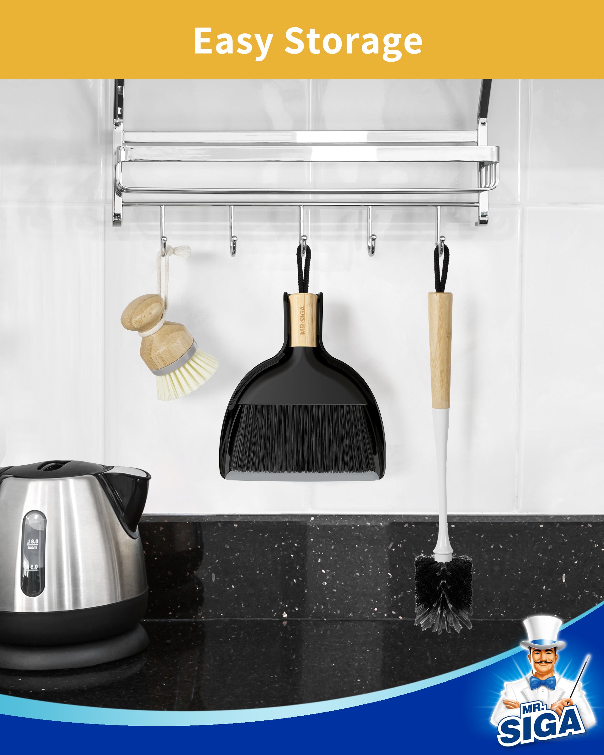 MR.SIGA Mini Dustpan and Brush Set, Portable Cleaning Brush and Dustpan Combo with Bamboo Handle, Black, 1 Set