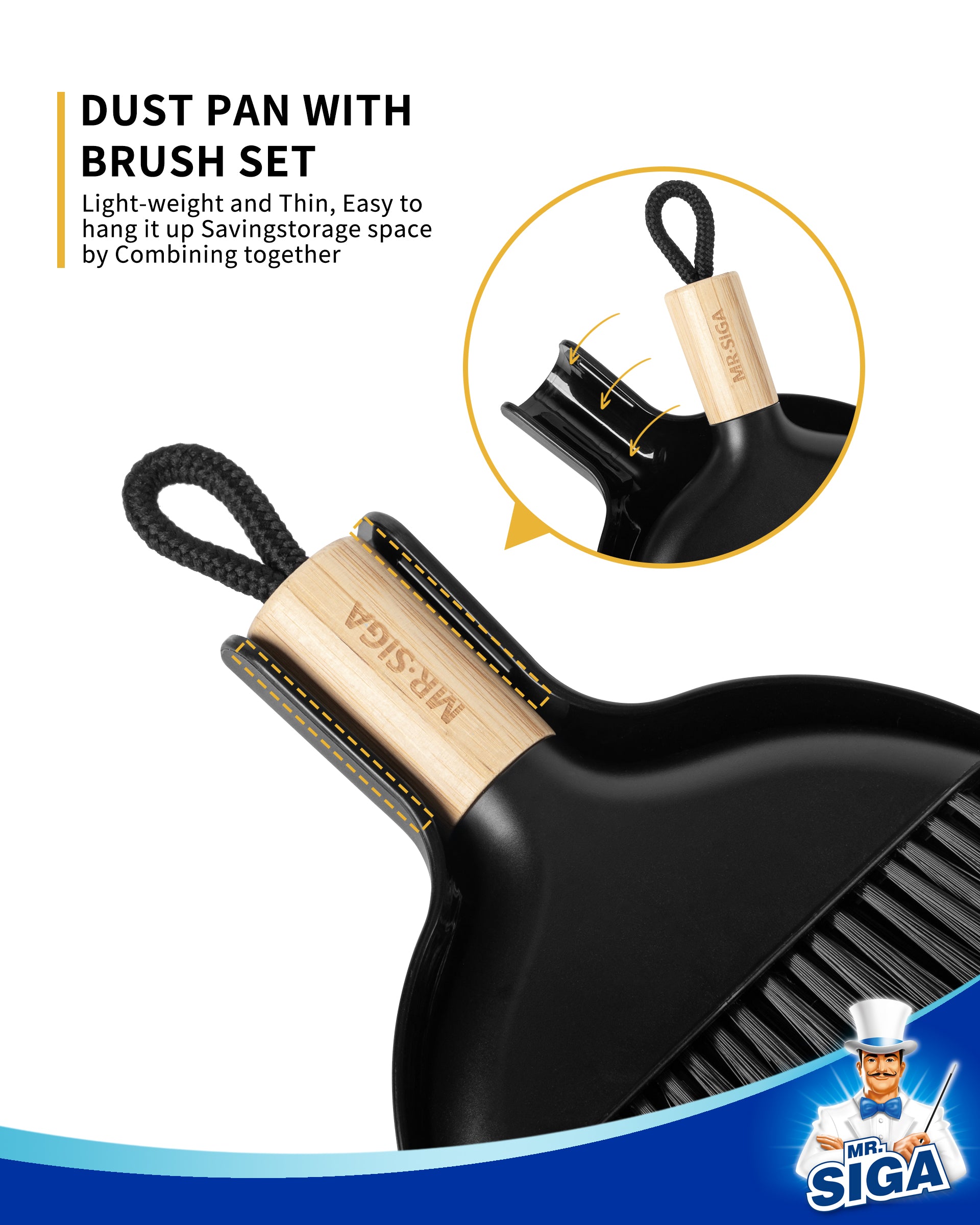 MR.SIGA Mini Dustpan and Brush Set, Portable Cleaning Brush and Dustpan Combo with Bamboo Handle, Black, 1 Set