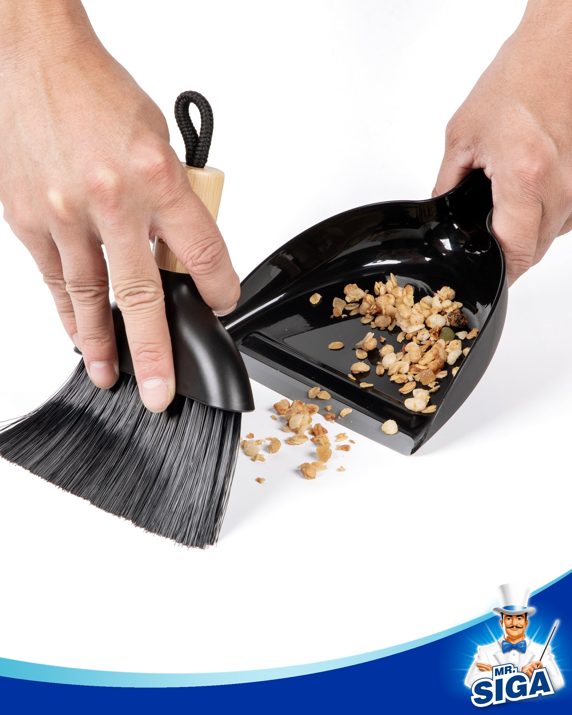 MR.SIGA Mini Dustpan and Brush Set, Portable Cleaning Brush and Dustpan Combo with Bamboo Handle, Black, 1 Set