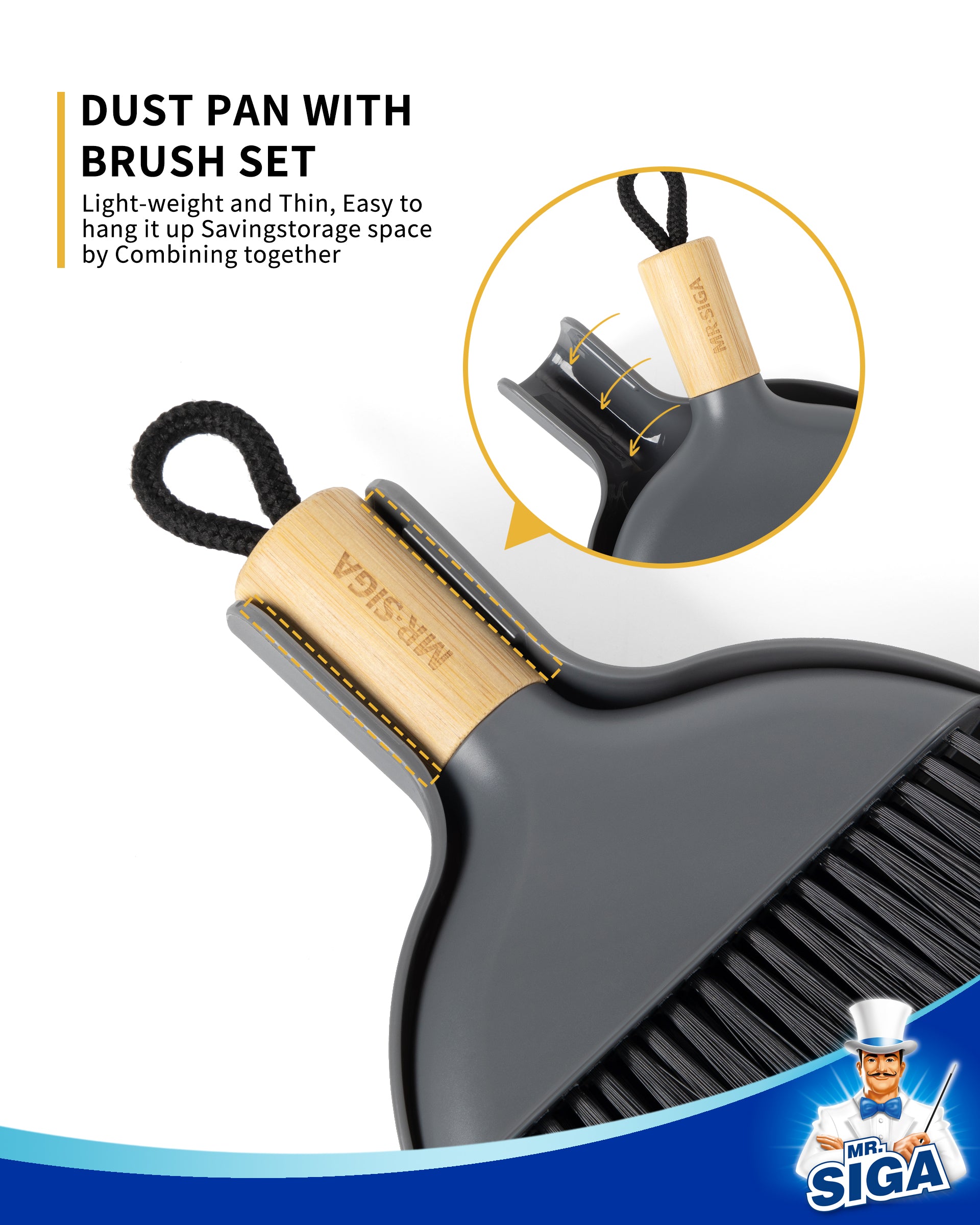 MR.SIGA Mini Dustpan and Brush Set, Portable Cleaning Brush and Dustpan Combo with Bamboo Handle, Gray, 1 Set